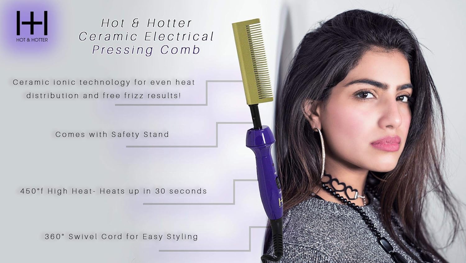 Hot & Hotter - Ceramic Electrical Pressing Comb - Purple & Gold - Up to (450) - (360) Swivel Cord - Worldwide Dual Voltage