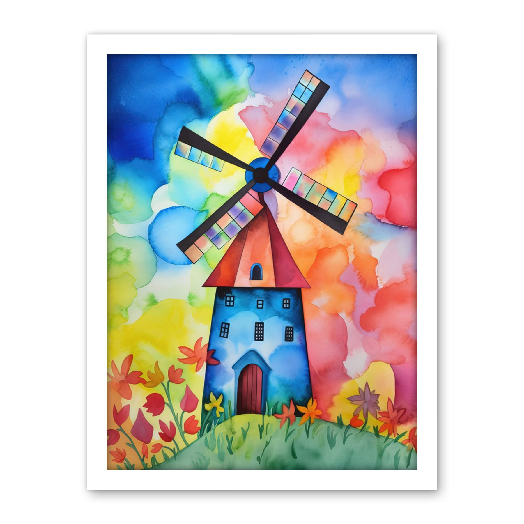 Artery8 Watercolour Windmill Netherlands Folk Art Artwork Framed Wall Art Print 18X24 Inch