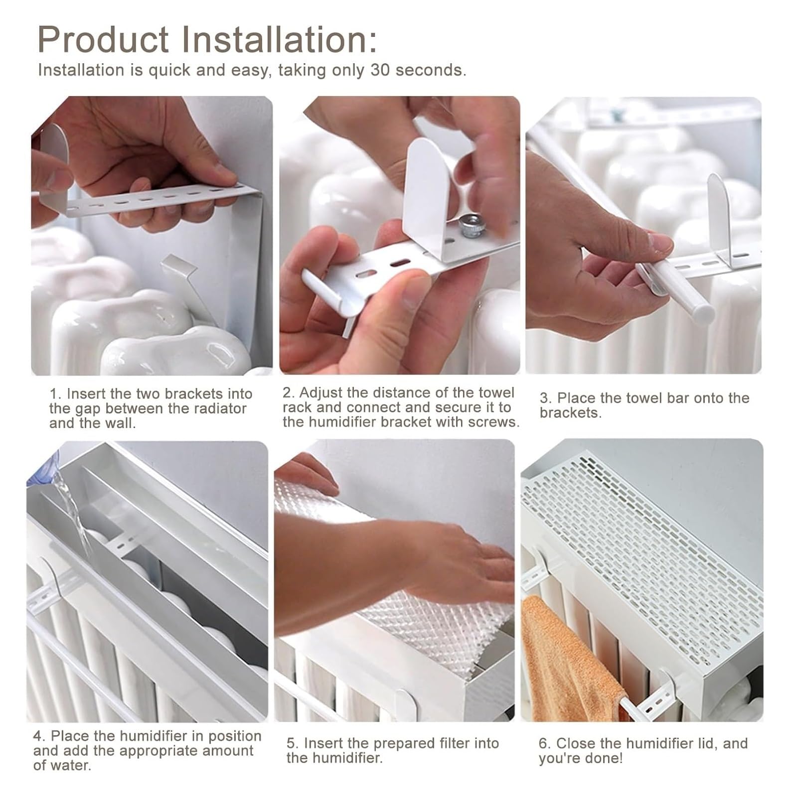 Umidificatore da appendere per termosifone con serbatoio, design di riempimento superiore per camera da letto, include asta retrattile per asciugare i vestiti