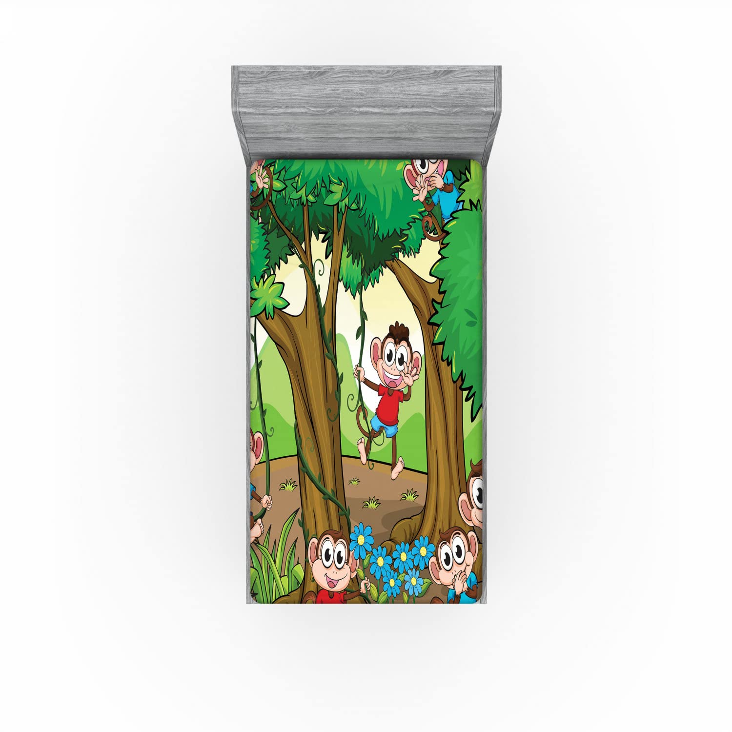 Ambesonne Cartoon 2 Pack Fitted Sheet, Apes Play in Forest, Bed Cover All-Round Elastic Deep Pockets 2 Pieces, Package Contains 2 Twin Size Fitted Sheets, Green Brown