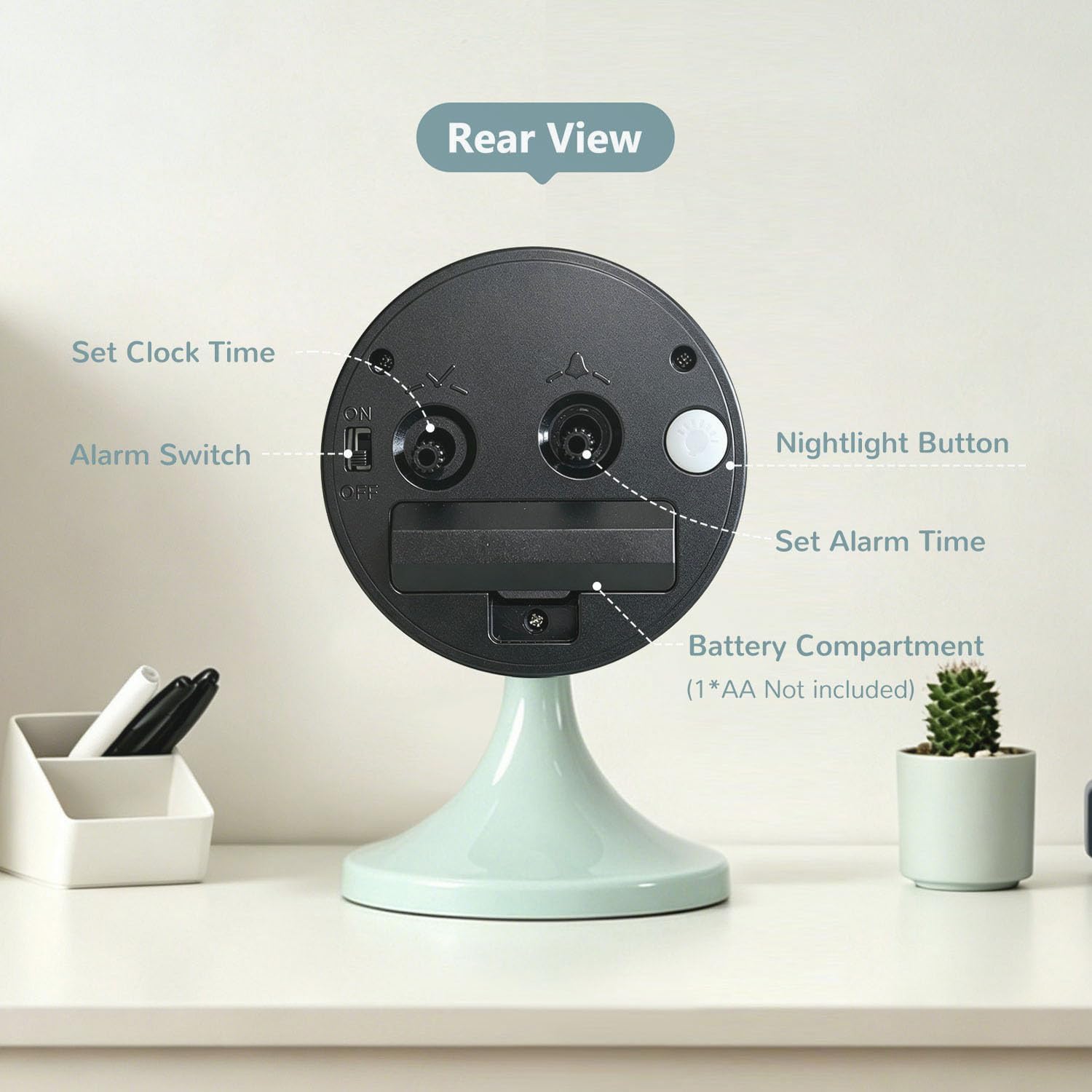 Alarm Clock, Metal 3 inch Silent Non Ticking Small Clock with Night Light, Battery Operated, Desk Analog Clock for Bedrooms Decoration, Old Fashioned Style Clock for Bedside, Adult, Gift