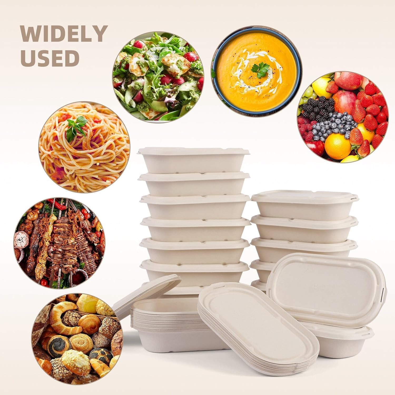 50 recipientes desechables de comida preparada con tapas, compostables para microondas y congelables, recipientes para llevar ensalada para cuencos de comida y cajas bento.
