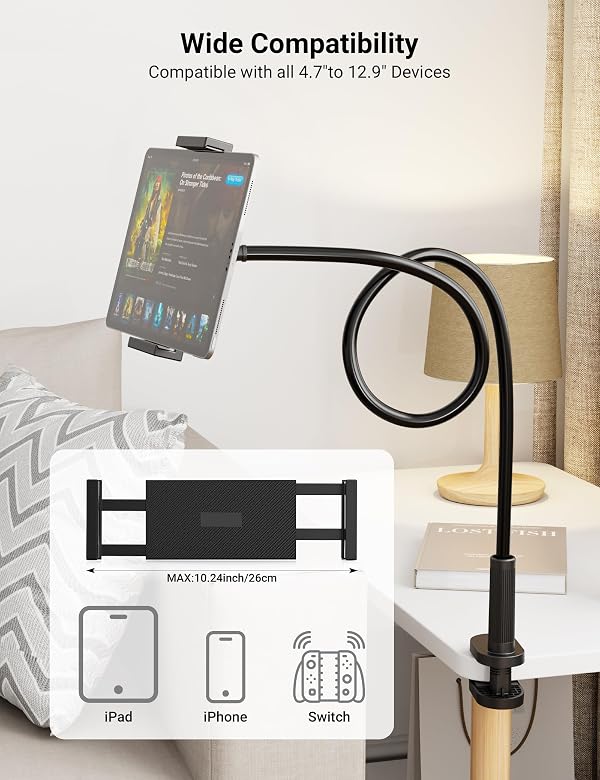 Flexible Gooseneck Tablet Holder, 360° Adjustable Phone Mount with Sturdy Clamp for Desk/Bed/Kitchen, Compatible with iPad Air Pro Mini iPhone/Samsung Galaxy Tabs/4.7~12.9" by Klsniur - Image 3