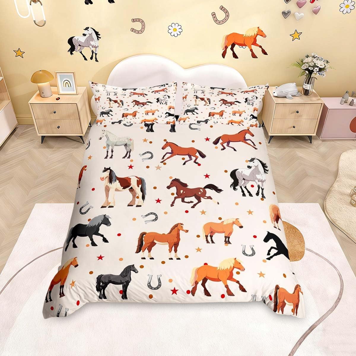 Homemissing Galloping Horse Duvet Cover Set Cot Size for Kids Boys Girls Cute Animal Horse Bedding Set Cowboy Horseshoe Duvet Cover with 1 Pillowcase Star Print Bedding — image 1