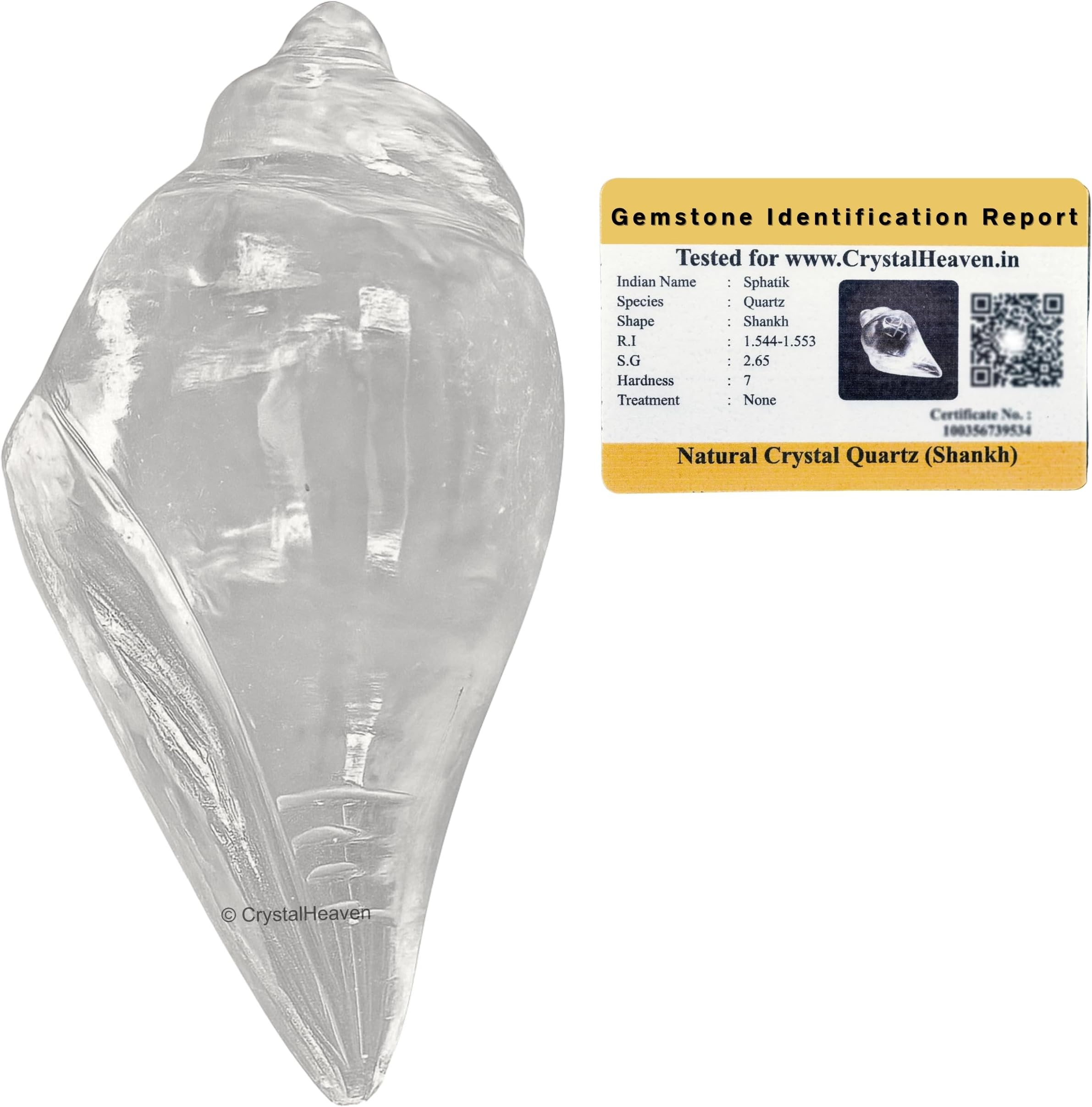 Crystal Heaven Sphatik Shankh with Engraved swastik Original Certified Idol - AAA Grade Sphatik Healing Clear Quartz for Mediation Pooja (10-20 Gram)