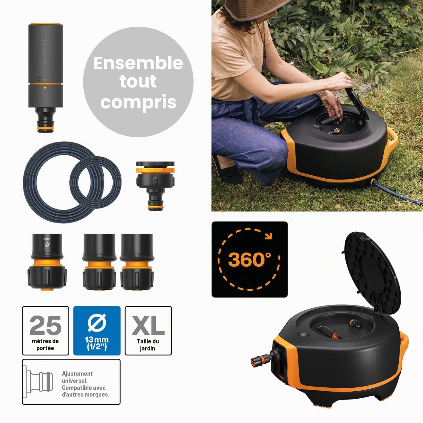 Fiskars Dévidoir XL, Set d'Arrosage Tout-en-1, Tuyau de 25 m | Tuyau à Enroulement automatique, Ø 13 mm, Raccord universel pour Robinet, noir/orange, X-series, 1067549