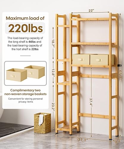 Miniatura 2 de Homde Almacenamiento sobre el inodoro con cesta y cajón, organizador de baño de bambú con estante ajustable y almohadilla impermeable para pies,