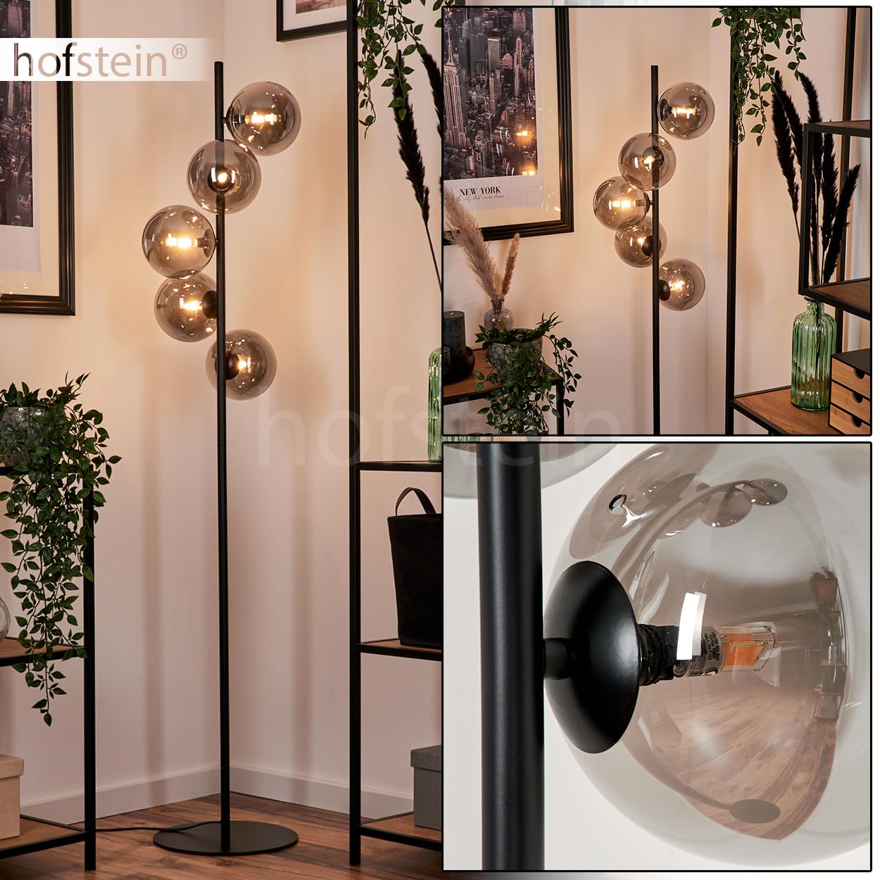 Stehleuchte Remaisnil, Stehlampe aus Metall/Glas in Schwarz/Rauchfarben, Standlampe im Retro/Vintage-Design mit Schirmen aus Glas (Ø 15 cm) u. Fußsschaler, Höhe 160 cm, 5 x G9, ohne Leuchtmittel