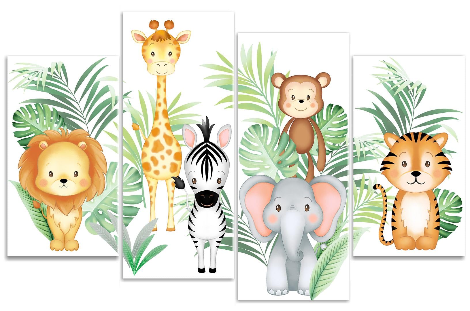 Rubybloom Designs Jungle Animals - Lion Tiger Giraffe Elephant Zebra Monkey - Childrens Safari Nursery 4 Panel Canvas Wall Art Print Picture - Framed And Ready To Hang