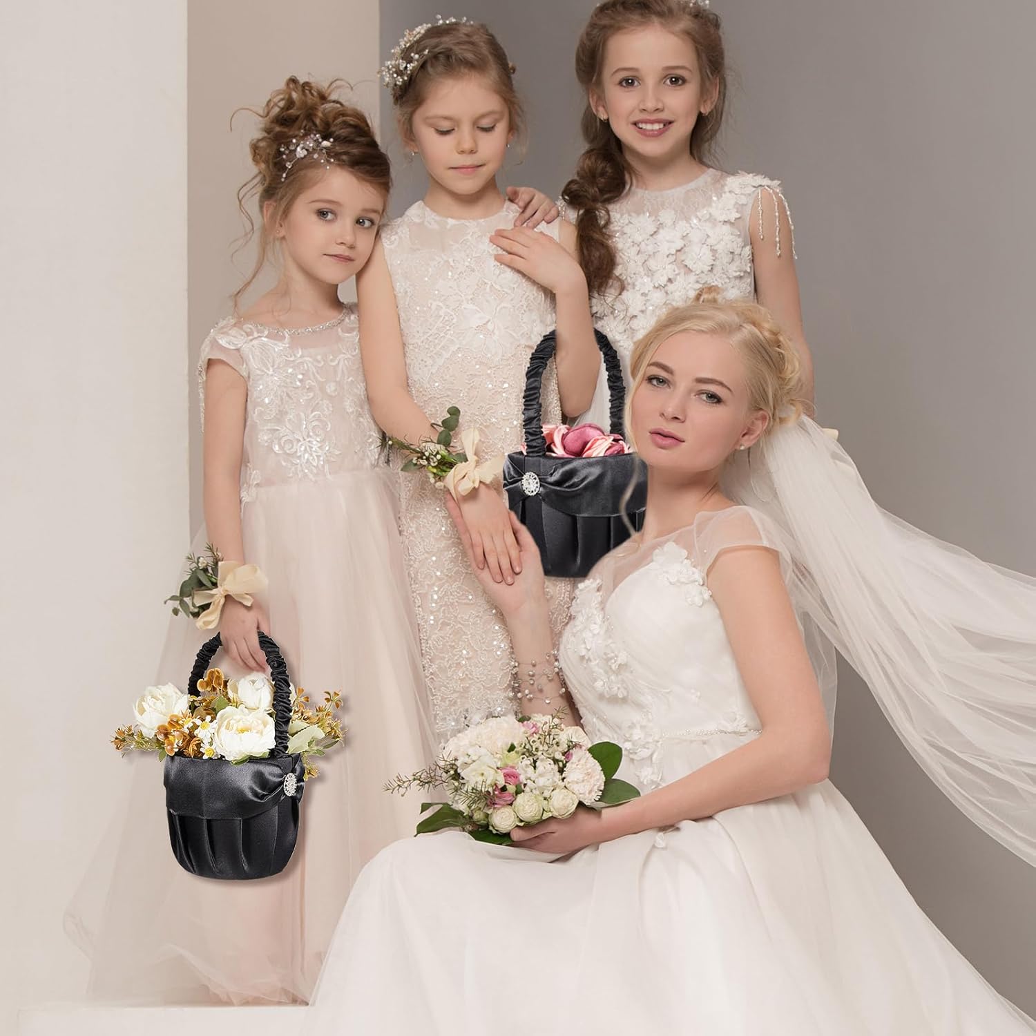 4 Pcs Wedding Flower Girl Basket Gothic Flower Basket for Wedding Ceremony Satin Rhinestone with Handle for Petals Confetti Banquet Home Decoration Western Party (Black,Snowflake)
