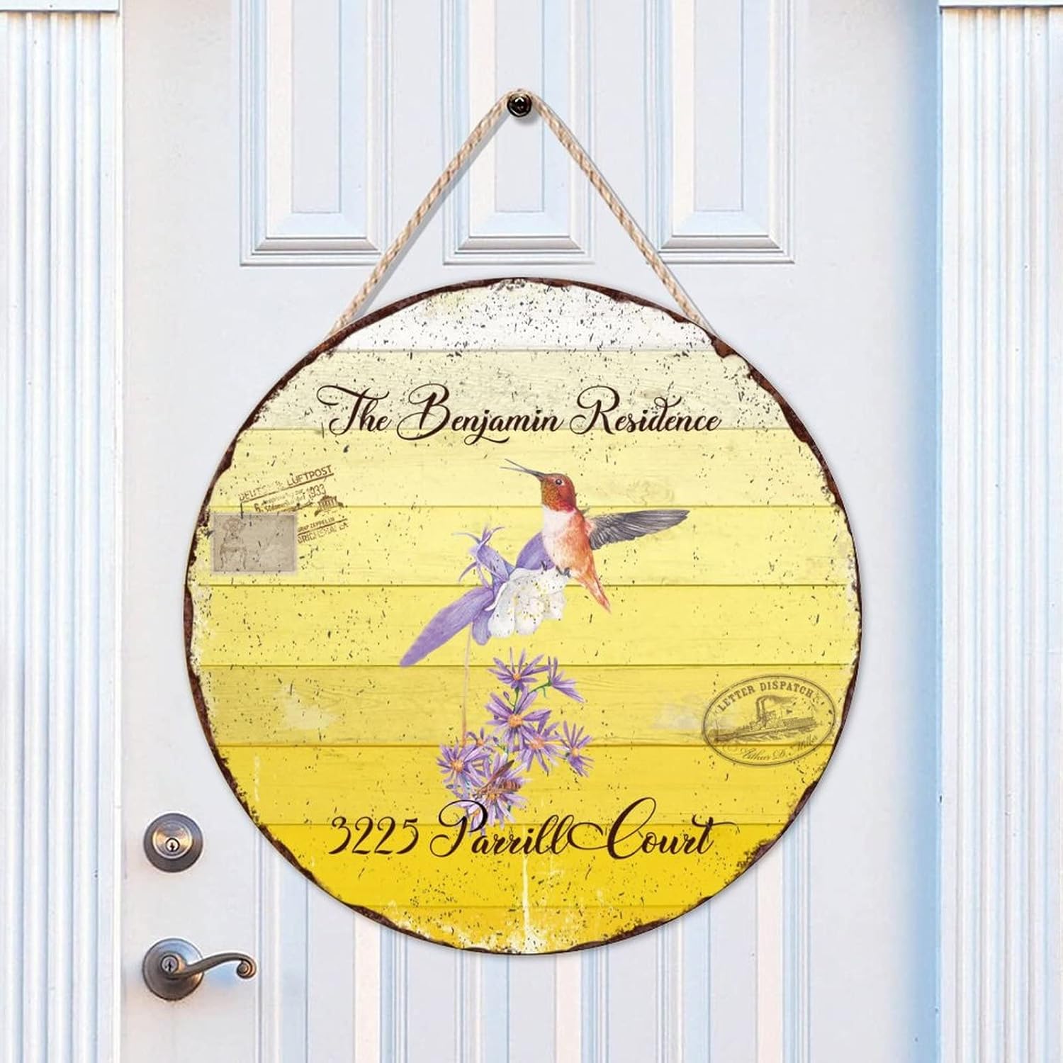 Custom Name Home Address Hummingbird Wood Door Sign Custom Family Name Front Door Round Wood Sign 16" x16" Wall Hanging Sign Plaque Decor for Outdoor Front Porch Farmhouse Housewarming Gifts