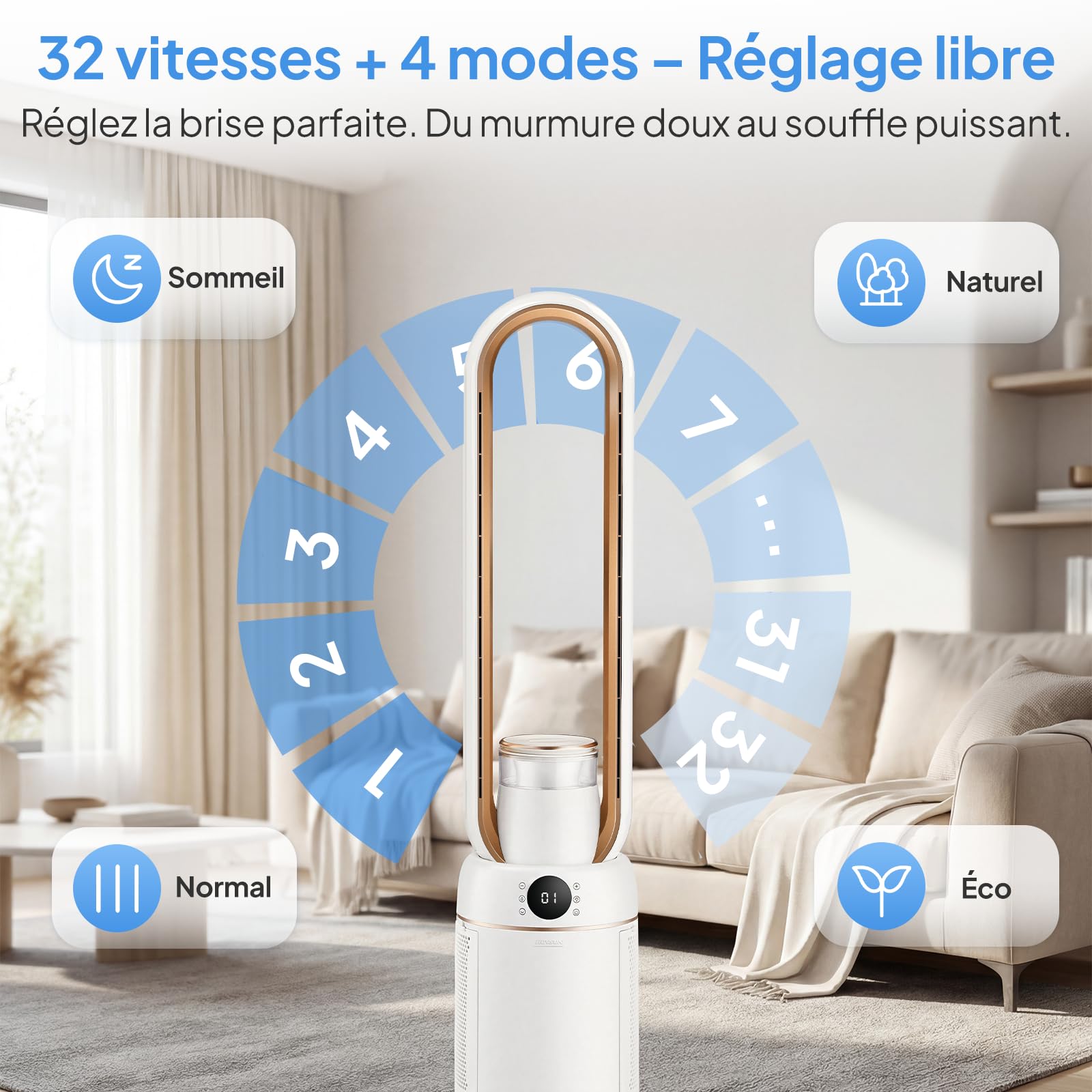 ROVSUN Ventilateur Colonne Purificateur d'Air, Ventilateur Sans Pales 110 cm, Humidification, Ions Négatifs, Stérilisation UV, 32 Vitesses, 4 Modes, 15H Minuteur, Oscillation 80°, Tactile+Télécommande