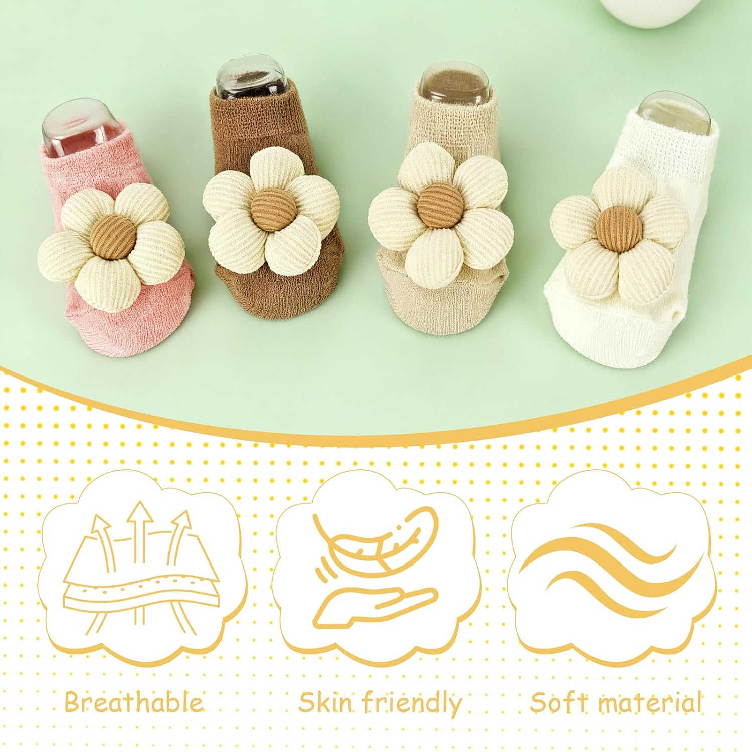 4 Pairs Baby Girl Ankle Socks, Non-Slip Low Cut Floral Socks for Infants, Toddlers & Newborn Girls