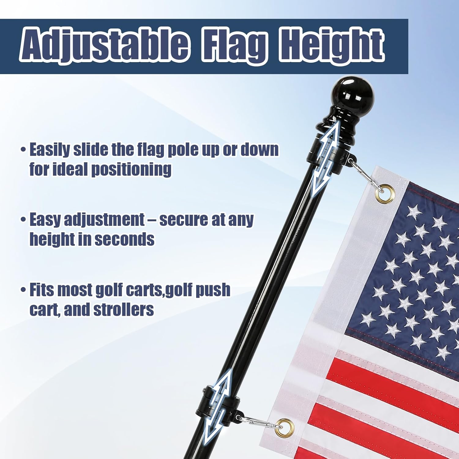 2 Pack Golf Cart Flag Holder and Flag Pole,Mount Kit,Fit for Yamaha, Club Car, EZGO Golf Cart/Golf Push Cart/Boat/Bike,Heavy Duty Aluminium Alloy Base Windproof Bracket,Included USA Flag(Black