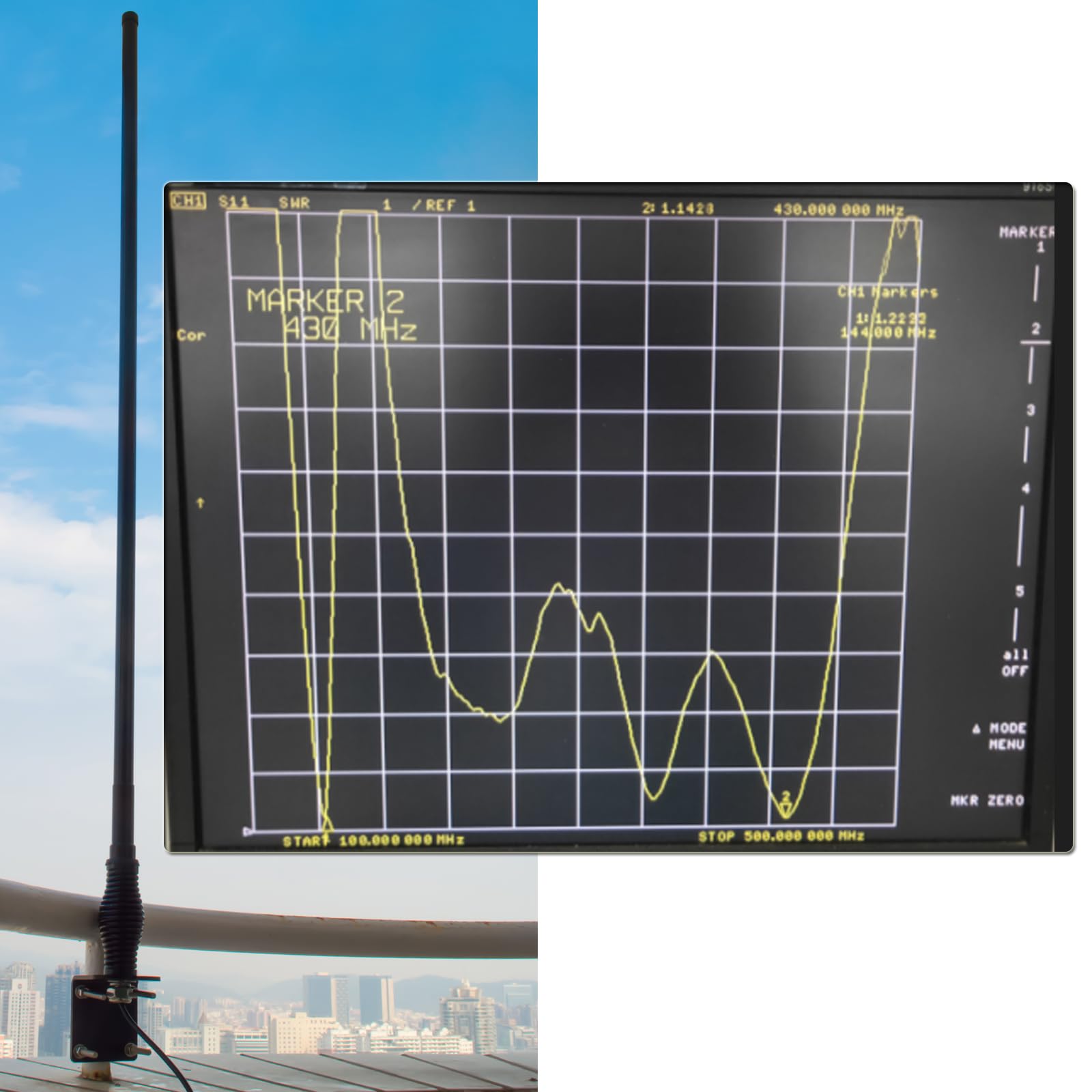 HYS Heavy Duty Fiberglass Vertical Base Antenna, 144MHz/3.5dBi 430MHz/6.5dBi, 3.6ft Amateur Antenna W/Heavy-Duty Barrel Spring, W/L-Bracket Hole & U-Bolt, 16.4'/About 5m RG-58 Coax Cable, Black