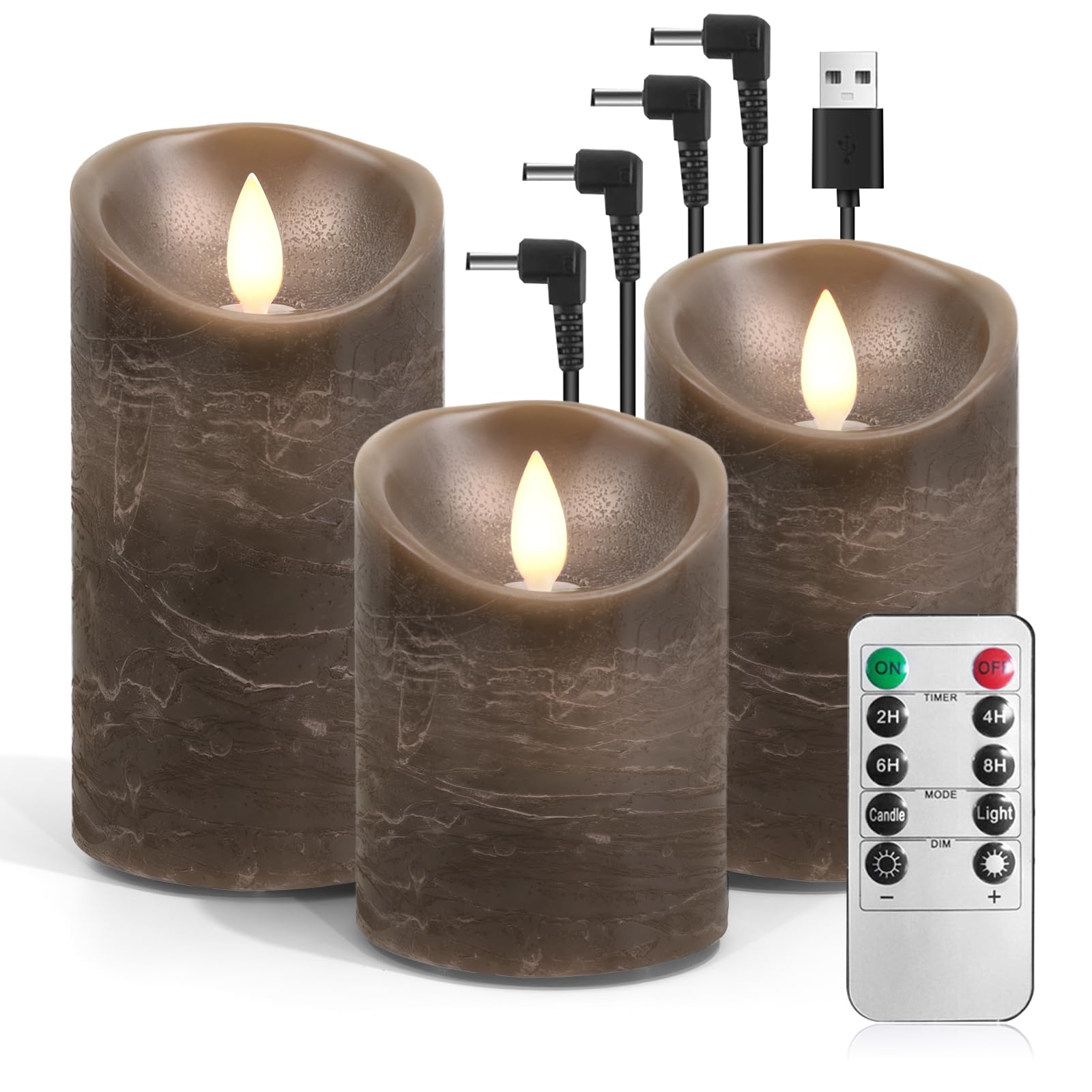 AnnSpa 3 Set LED Candles USB Rechargeable with Remote Control and Timers, USB Charging Electric Candle, Moving Wick Flickering, Flameless Real Wax Pillar Candles for Party Garden Decoration - Brown