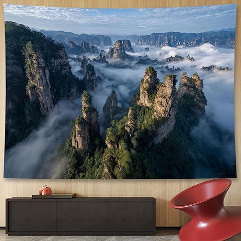 Liuzhouzai Foggy Mountains Tapestry Outdoor Scenery Wall Hanging Art Living Room Bedroom Bedhead Background Wall Decoration 48 x 36 Inches