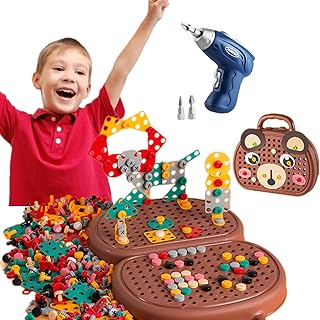 AM ANNA Kids Screwdriver Toy Set, 204 Pcs Kids Drill Set Stem Toys for 4 Year Old Boys,Construction Engineering Building Block Games with Toy Drill & Screw Driver Tool Set (Brown Bear)
