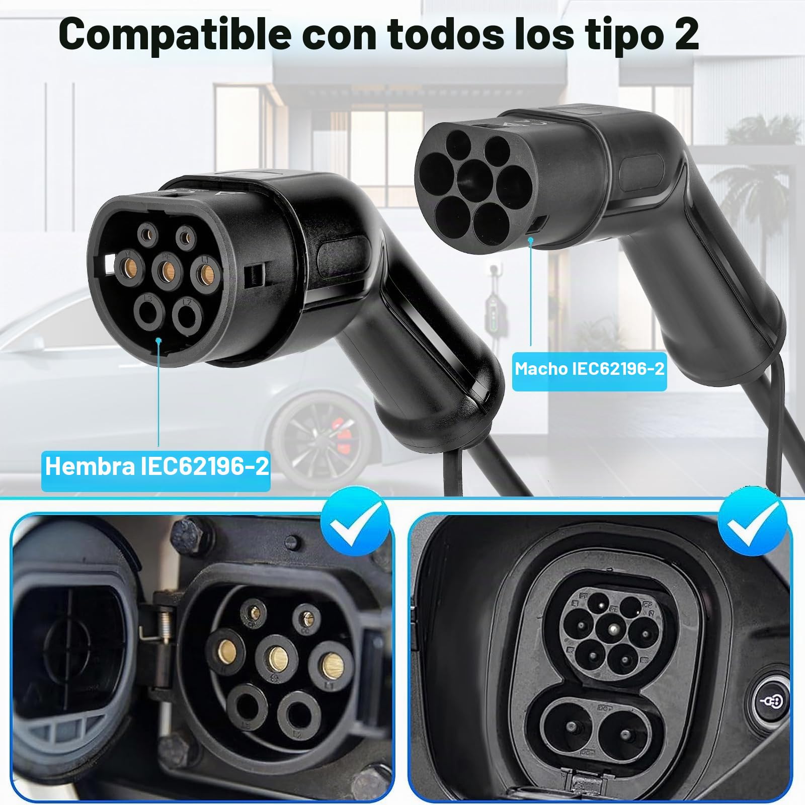 Cable de Carga Coche Eléctrico Tipo 2 32A | 22kW | Trifásico | 5 Metros | Compatible Con Coches Eléctricos Europeos BEV PHEV