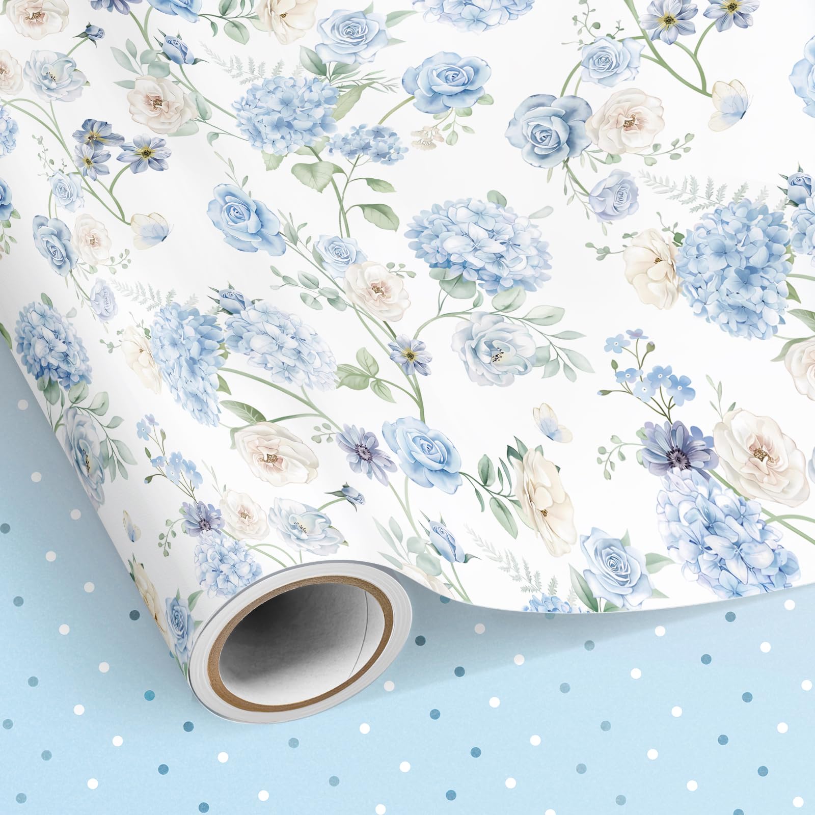 Neloheac Hydrangea Wrapping Paper Roll 43CM x 10M, Elegant Blue Floral Wrapping Paper Double Sided Reversible with Polka Dots Pattern for Wedding Bridal Shower Party Birthday Baby Shower — image 1