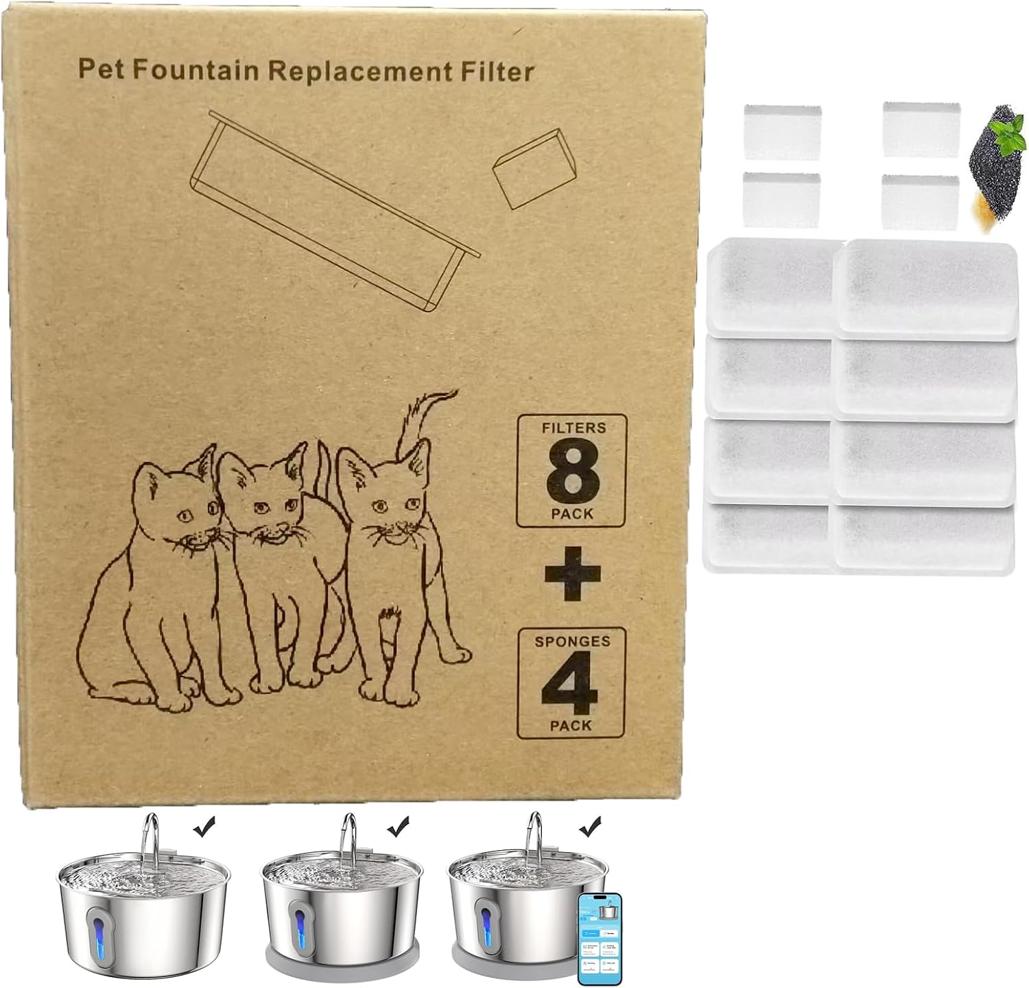 Cat Water Fountain Filters for JLVDXN 4L/135oz Pet Water Fountain - Set of Pet Fountains Filter - Including 8 Pieces Filters + 4 Pieces Sponges