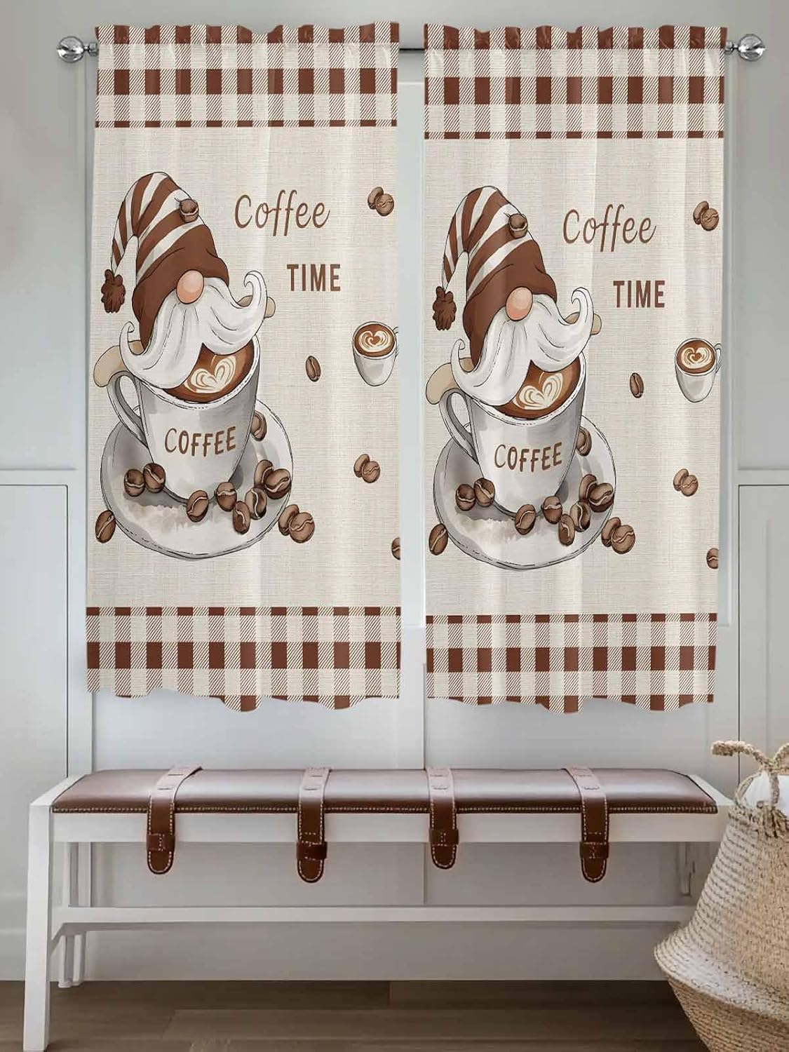 Cute Gnomes Cafe Kitchen Curtains 72 Inches Long, Coffe Bean Brown Plaid Burlap Texture Rod Pocket Window Curtains Panels for Bathroom, Light Filtering Treatment Curtains Drapes 104''x72''