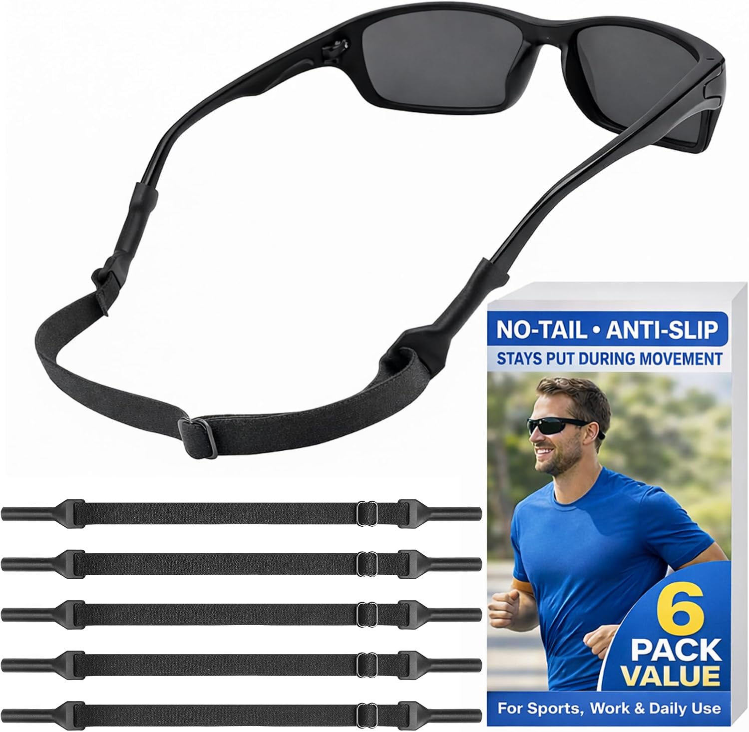 No-Tail Glasses Strap 6 Pack, Adjustable Eyeglasses & Sunglasses Strap