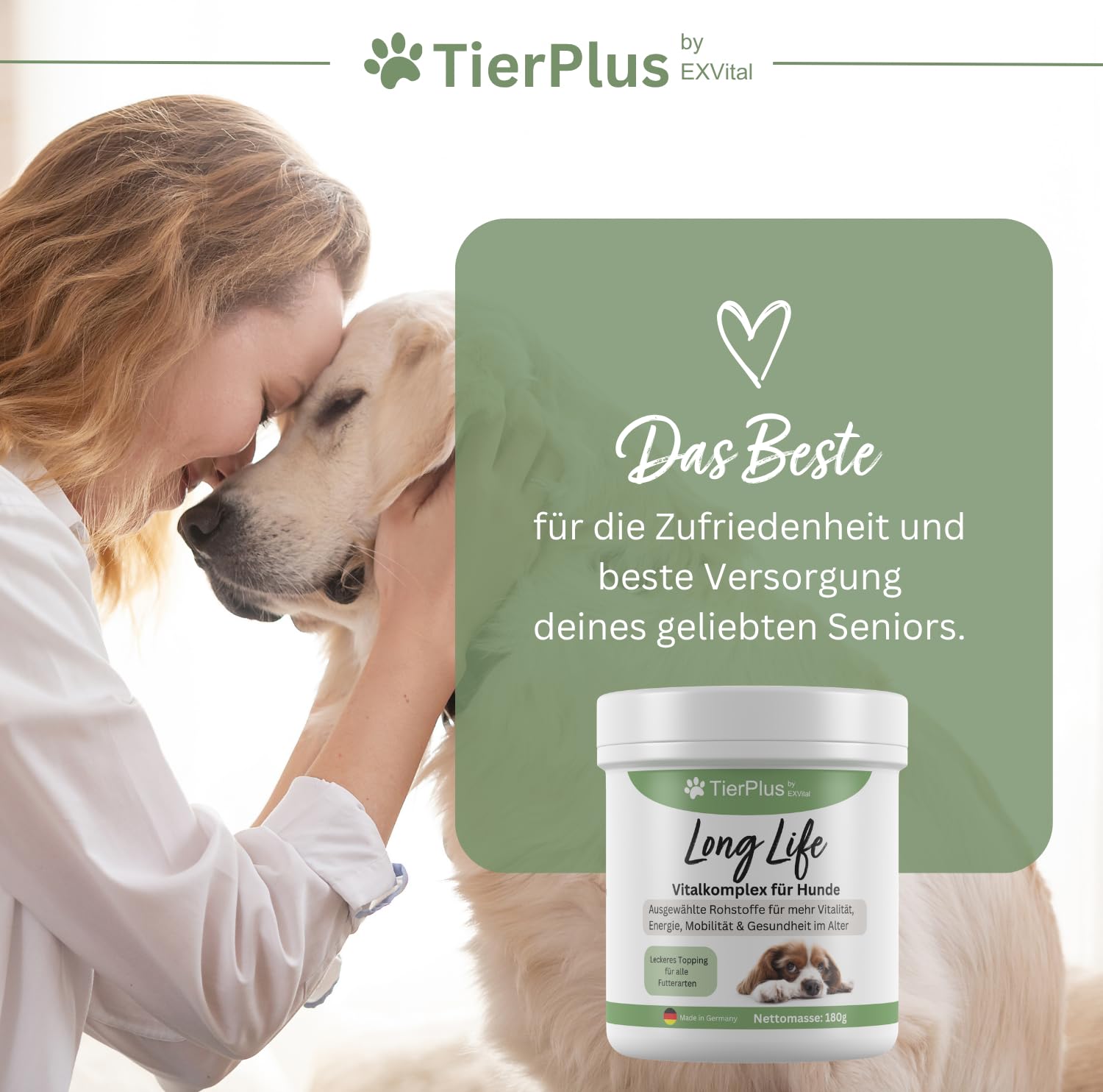 Long Life Vitalkomplex für Hunde -Gesundheit & Vitalität für Senior Hunde, mit Omega 3 Fettsäuren, Curcuma, Mariendistel, Propolis u.v.m, 180g pro Dose, leckeres Futtertopping