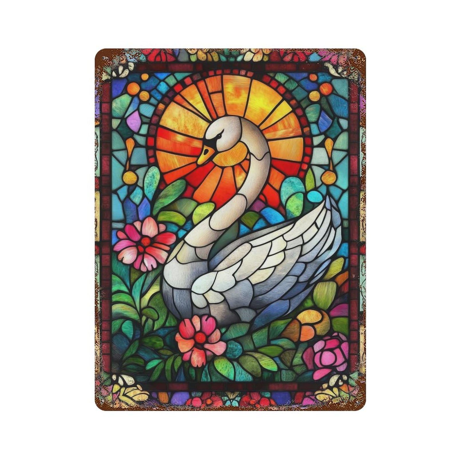 Stained Glass Swan Vintage Wall Sign 15.7"x11.8", Rust Effect Metal Decor for Farmhouse, Kitchen And Entryway Decor