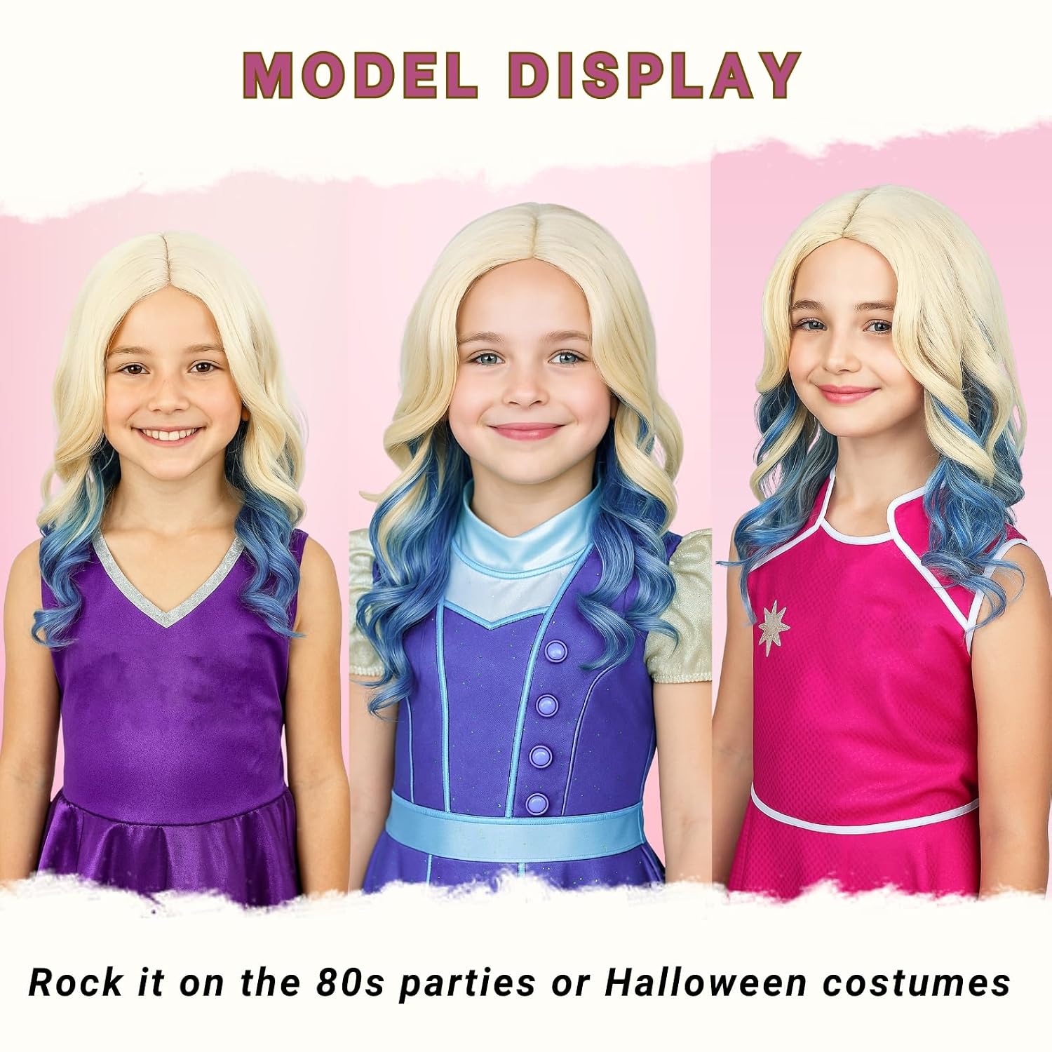 PUREHAIR Blonde Ombre Blue Anime Cosplay - Long Blond Wavy Synthetic Hair Wig for Halloween Costume Party (Small Head)