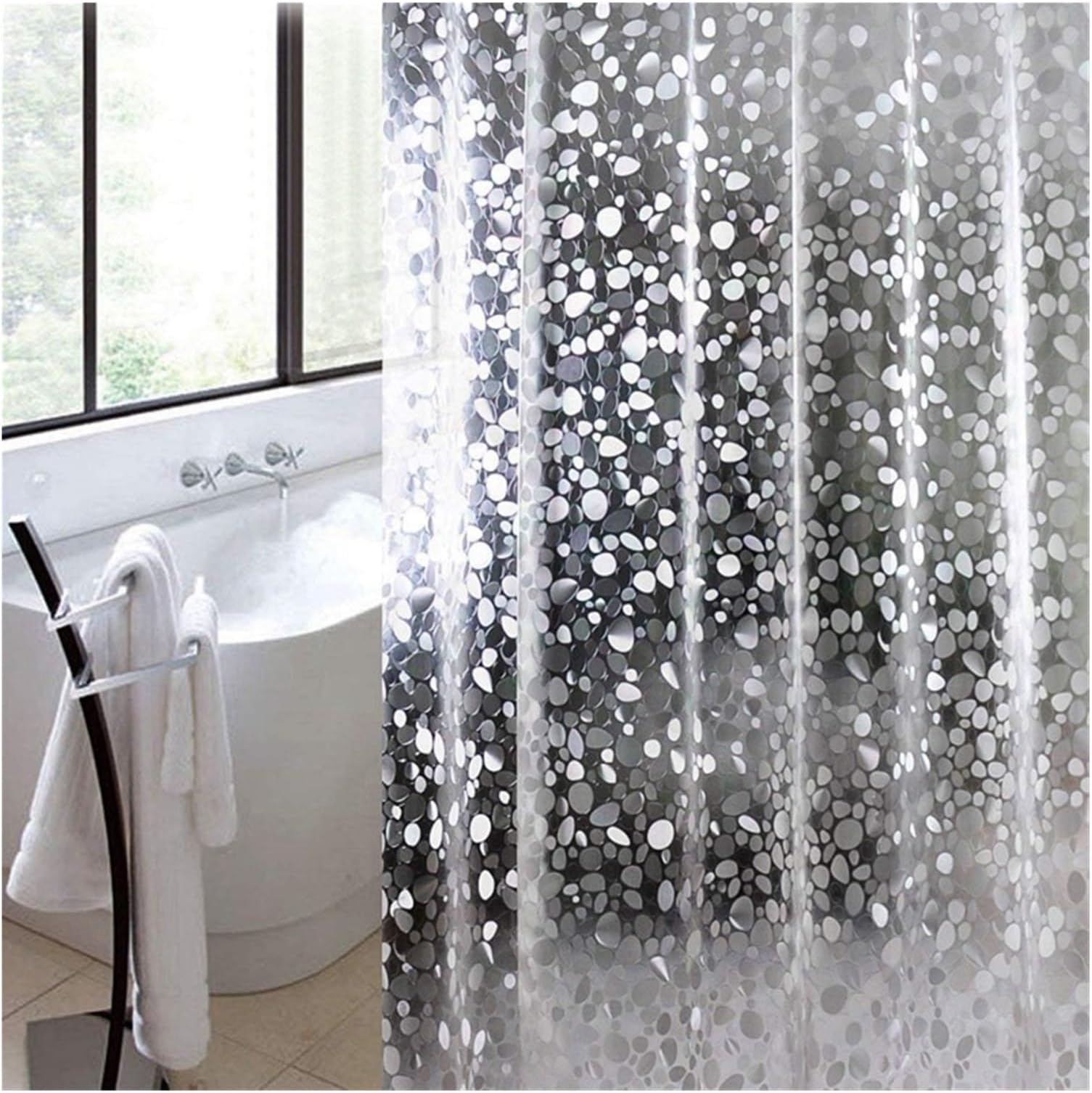 3D Shower Waterproof Bath Curtains Modern Cobblestone Pattern Translucent Bathroom Curtain with Hooks wanglan (Color : White, S