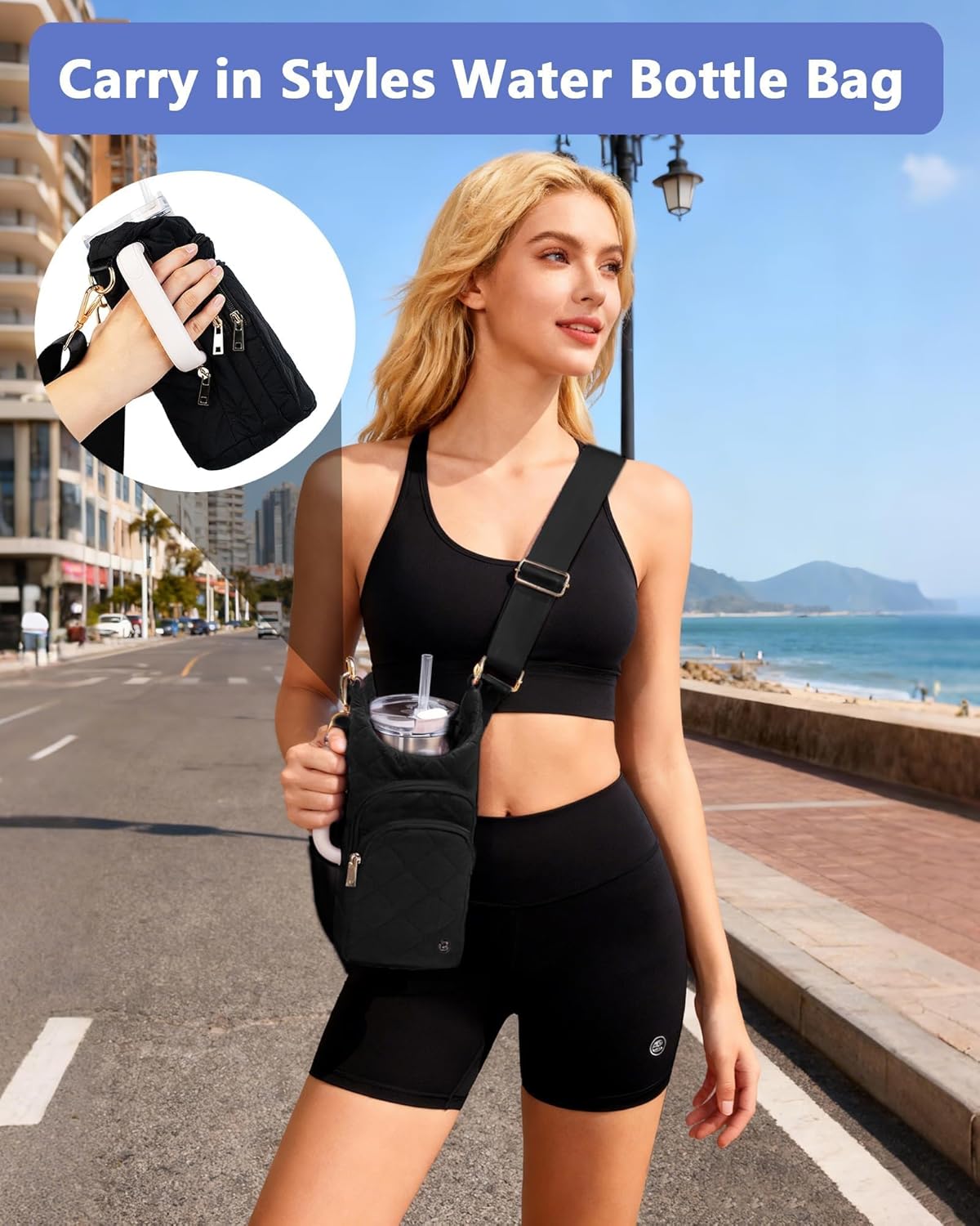 1 Crescent Nylon Shoulder Bag Bundles with 1 Crossbody Water Bottle Holder, Black &Black