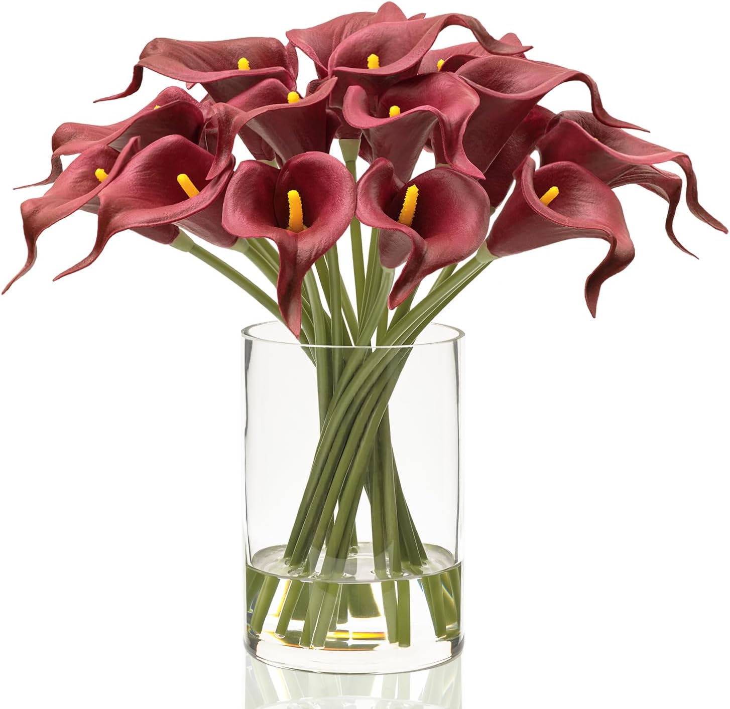 WELL KNOWN 20 Pcs Lily Flowers Artificial in Vase with Faux Water, Real Touch PU Calla Lily Fake Flower Arrangements in Vase for Home Office Hotel Party Dining Table Decor & Gifts (Burgundy Red)