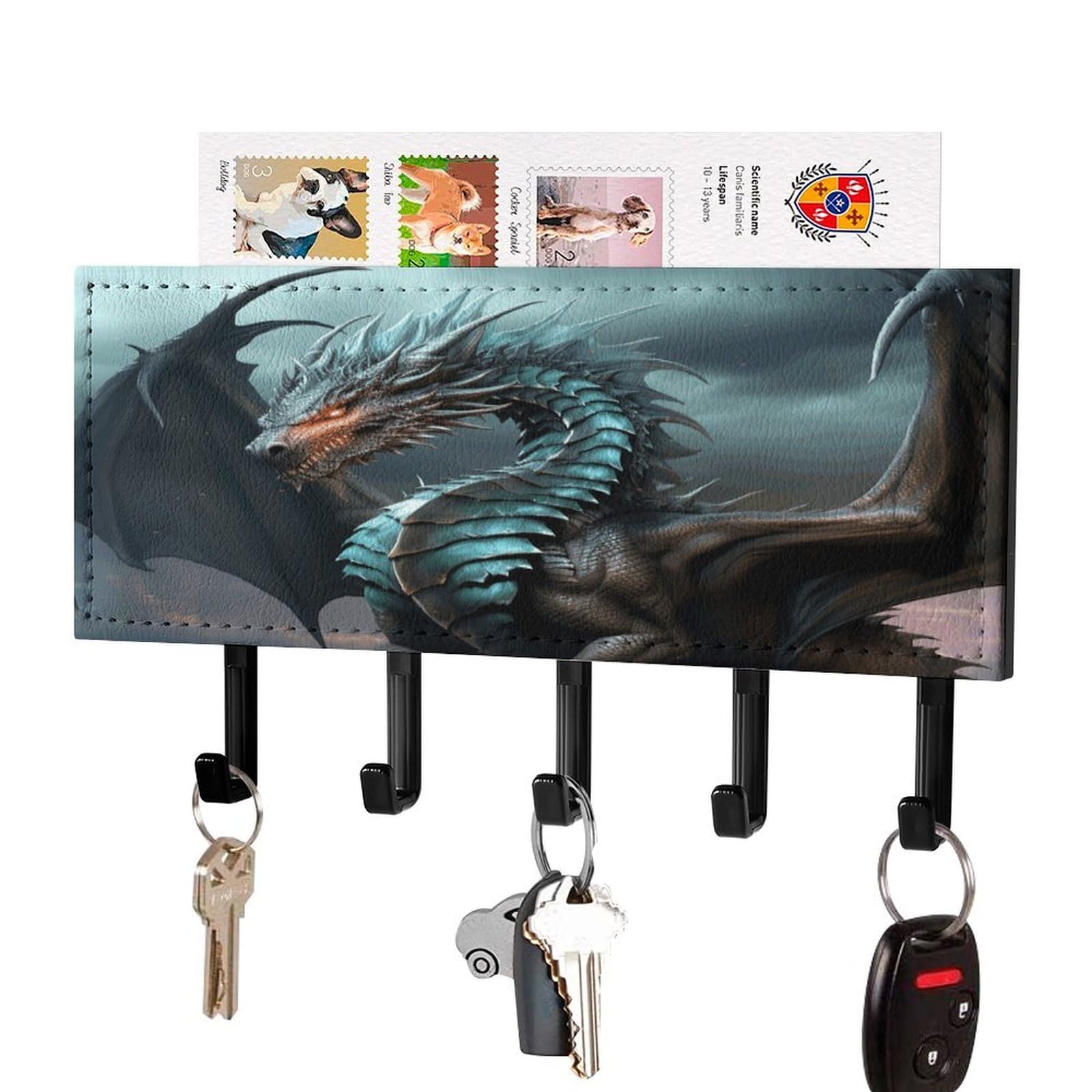 Soporte para llaves de pared Cool Dragon con estante de madera y 5 ganchos