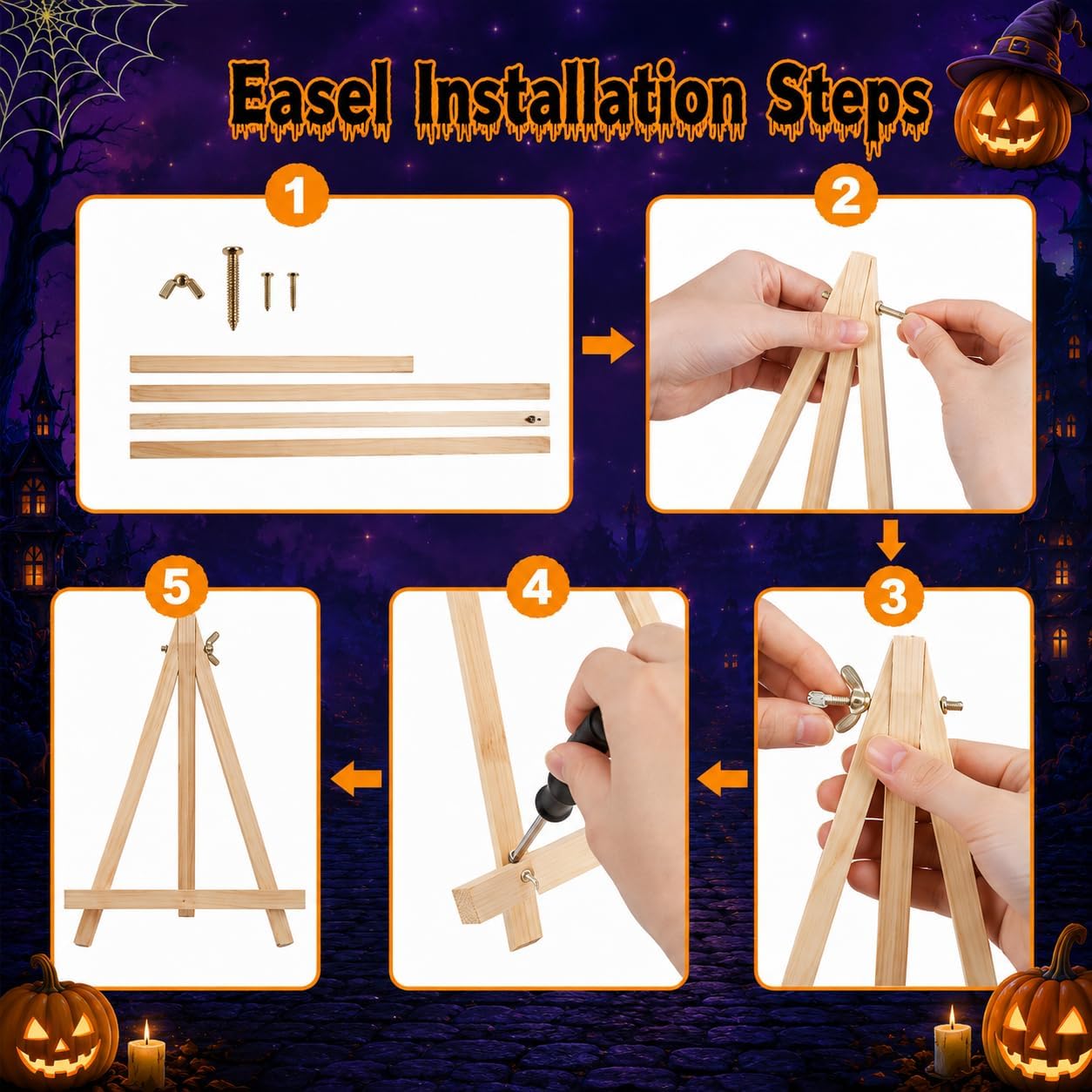 4 Pack Halloween Paint by Number for Kids with Wooden Frame and Easel | Halloween Paint by Numbers for Kids Ages 4-8-12, Easy Paint by Number Acrylic Painting by Number for Gift Home Decor 8x8inch