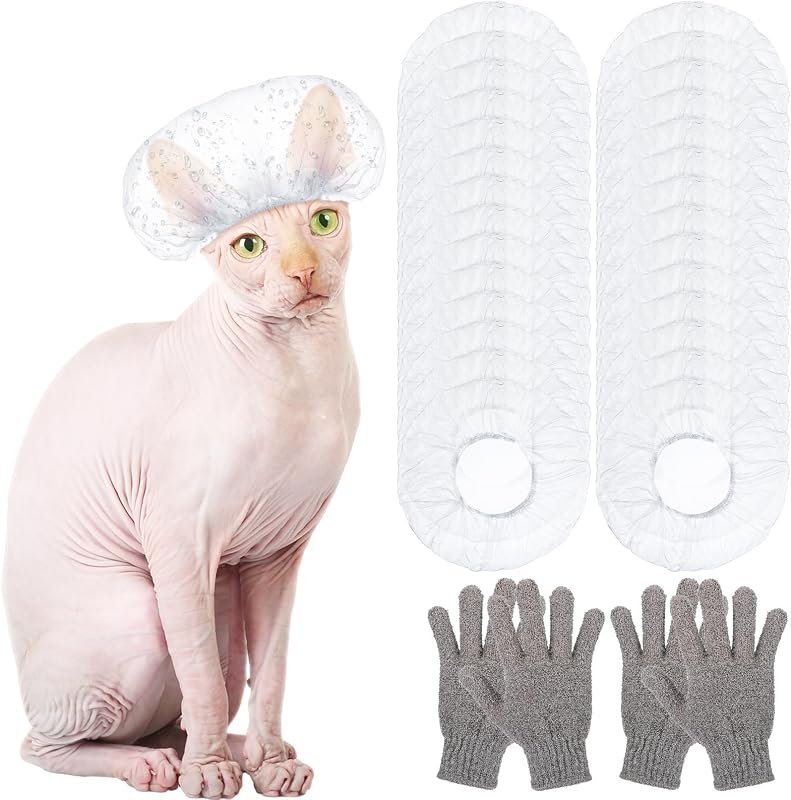 Coume Kit com 100 Toucas de Banho para Gatos Sphynx e 2 Pares de Luvas de Bambu Carbonizado