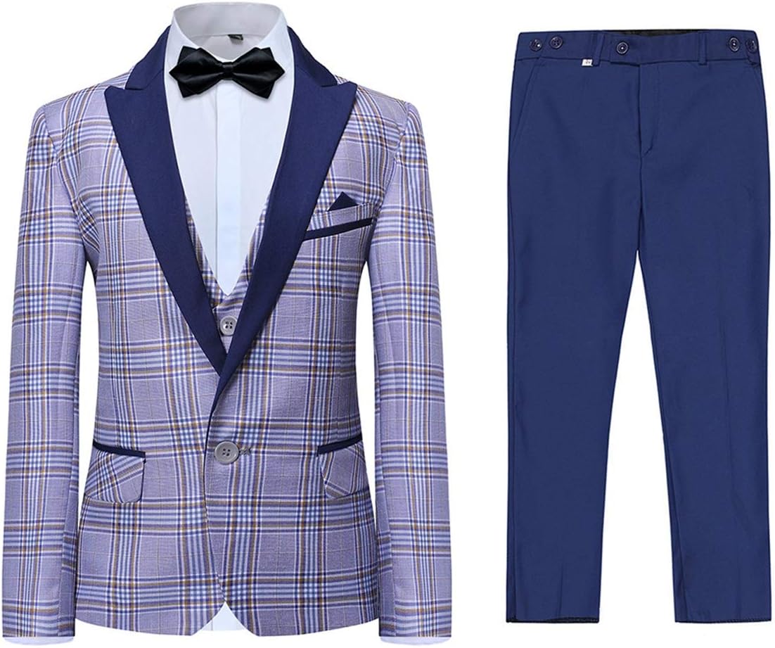 BoylandBoys 3 Pieces Tuxedo Suit Set Plaid Slim Fit Blue Peak Lapel Jacket Tux Vest Blue Pants Party Wedding