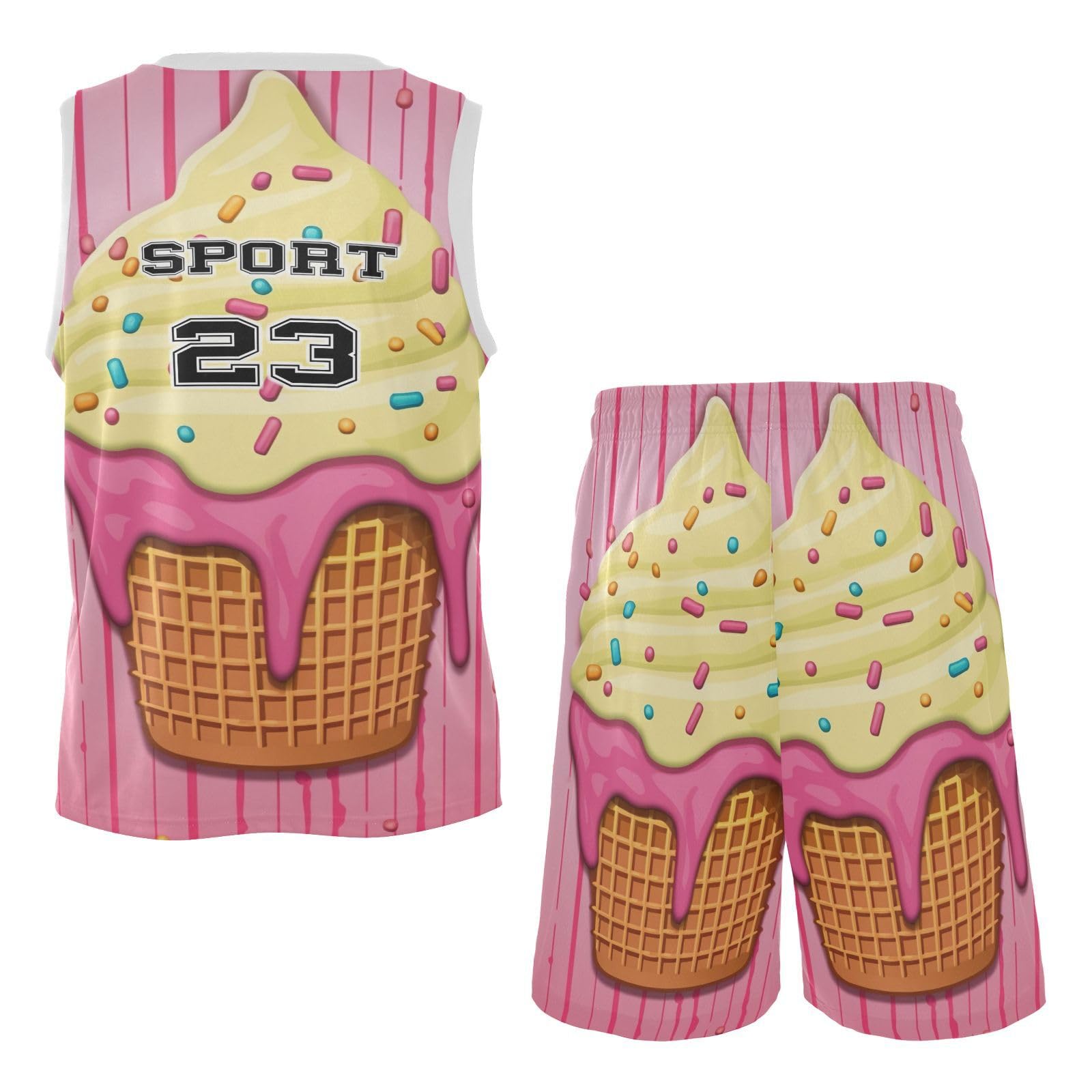 FLildon Ice Cream Pink Boys Basketball Jersey Set Tank Top Shorts Tracksuit Sport Training Suit for Kids, XL