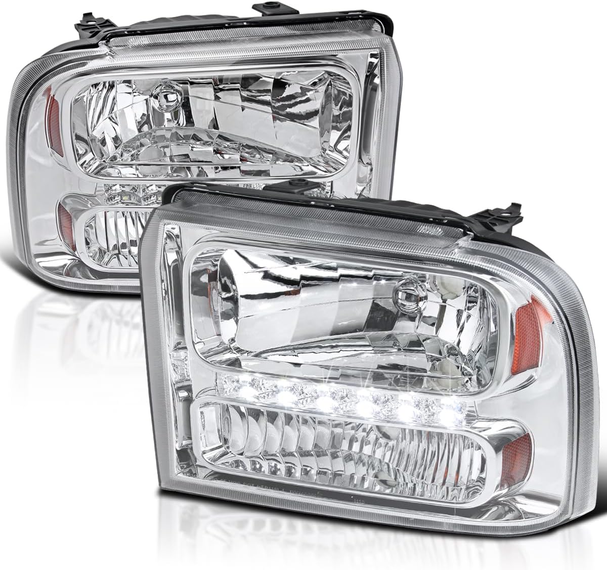 SPEC-D TUNING Chrome Clear Led Headlights Compatible with 2005-2007 Ford F250 F350 F450 F550 Super Duty, 2005 Excursion, L+R Pair Head Light Lamp Assembly