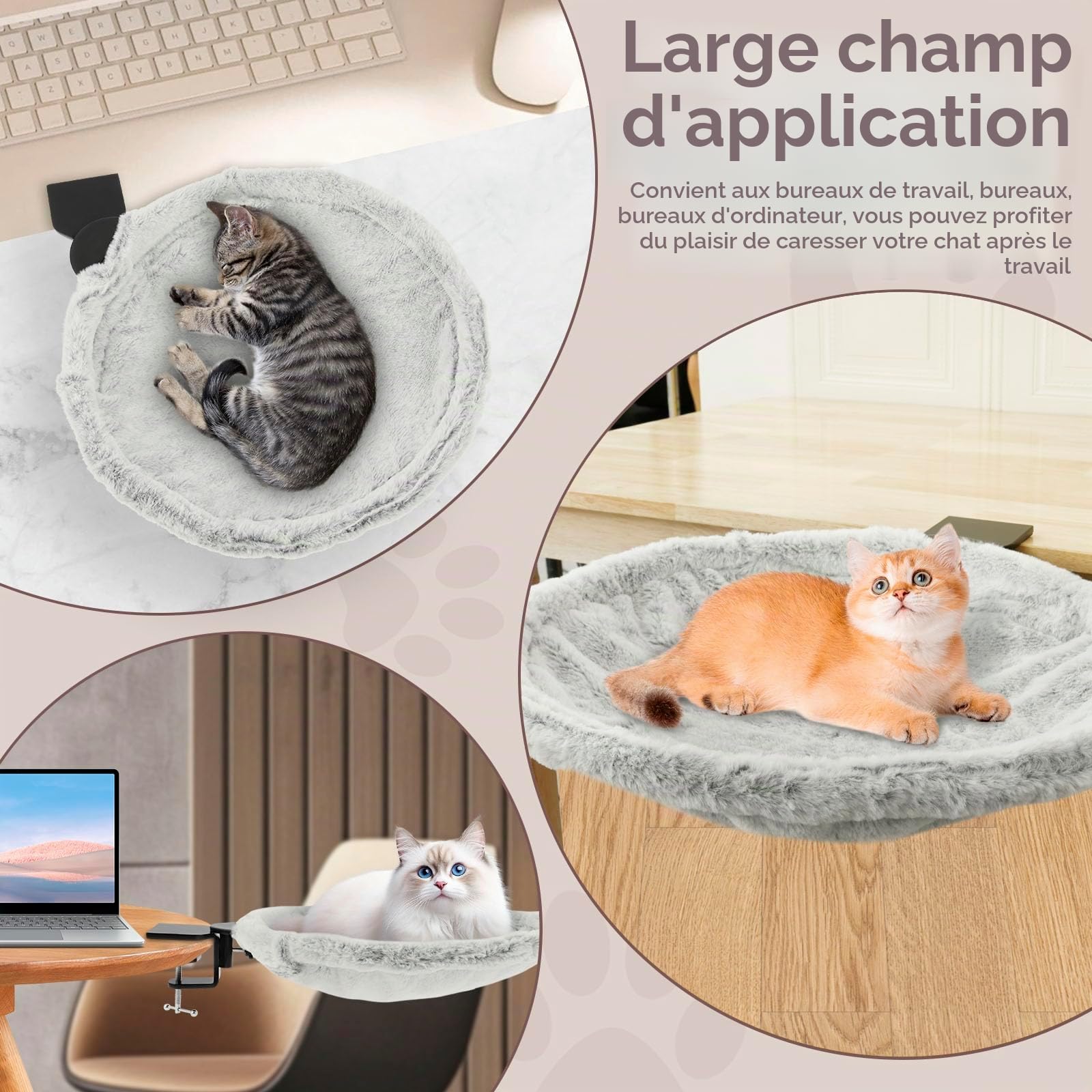 Hamac en peluche pour chat - Forte capacité de charge confortable - Lit de bureau pour chat - Support stable - Peu encombrant - Hamac de fenêtre - Lit suspendu pour chat jusqu'à 18 kg (gris)