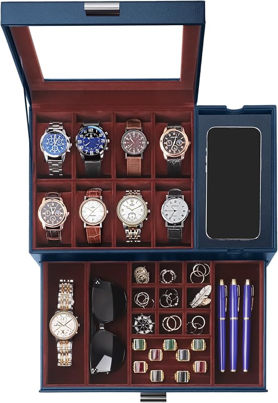 Dajasan Watch Box, Watch Case for Men, 8 Slot Watch Display Case with Glass Lid, Large Watch Holder Organizer, Watch Storage Case for Father's Day, Birthday, Christmas, New Year (Blue)