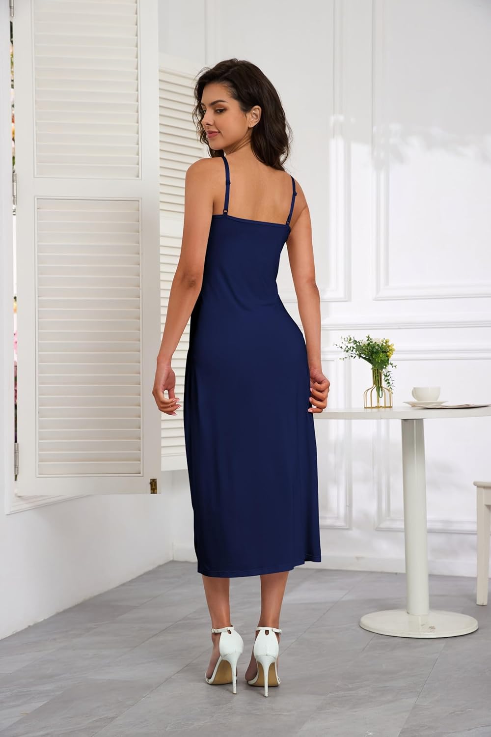 H HIAMIGOS Full Slip For Women Under Dress Lace Satin Silk V Neck Adjustable Spaghetti Strap Straight