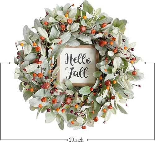 Miniatura 3 de Bibelot Coronas de decoración de otoño para puerta delantera, corona de hojas de cordero artificiales de 20 pulgadas con mini calabaza y bayas,