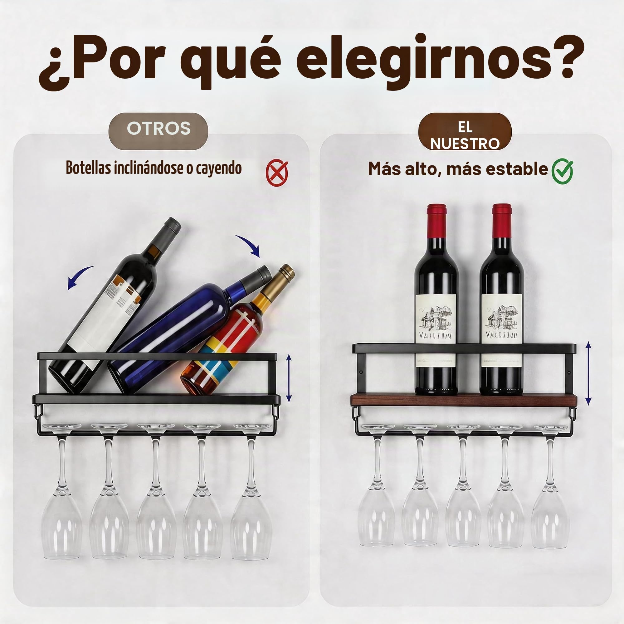 B4Life Paquete de 2 estantes de vino montados en la pared con colgador para copas de vino, estante de pared para copas de vino con soporte para vidrio, soporte de pared para copas de vino para comedor