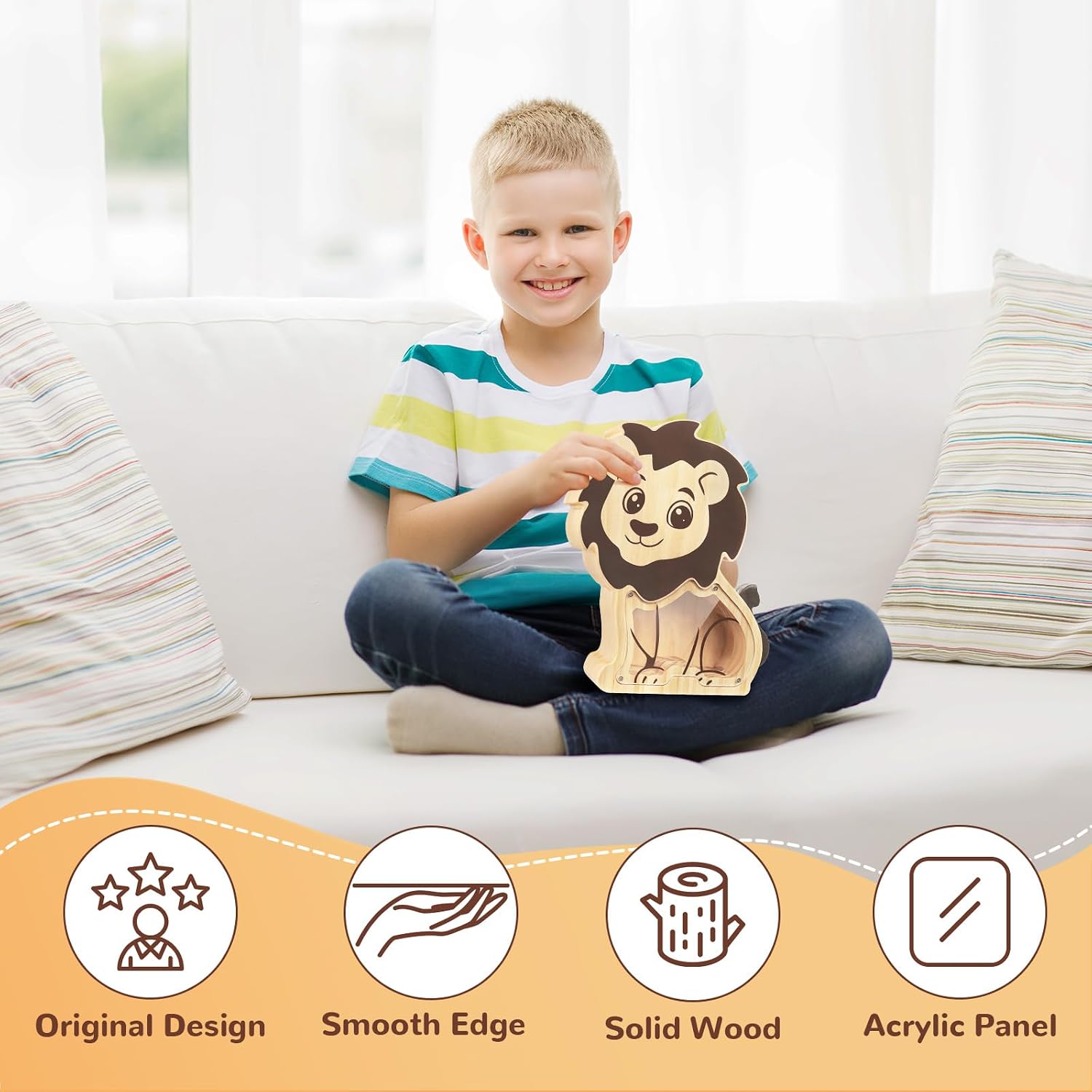 Wooden Piggy Bank for Kids Boys Girls, Personalized Money Bank for Toddlers, Unbreakable Coin Bank, Cute Children Gift for Birthday, Christmas, Thanksgiving, Baby Shower (Lion)