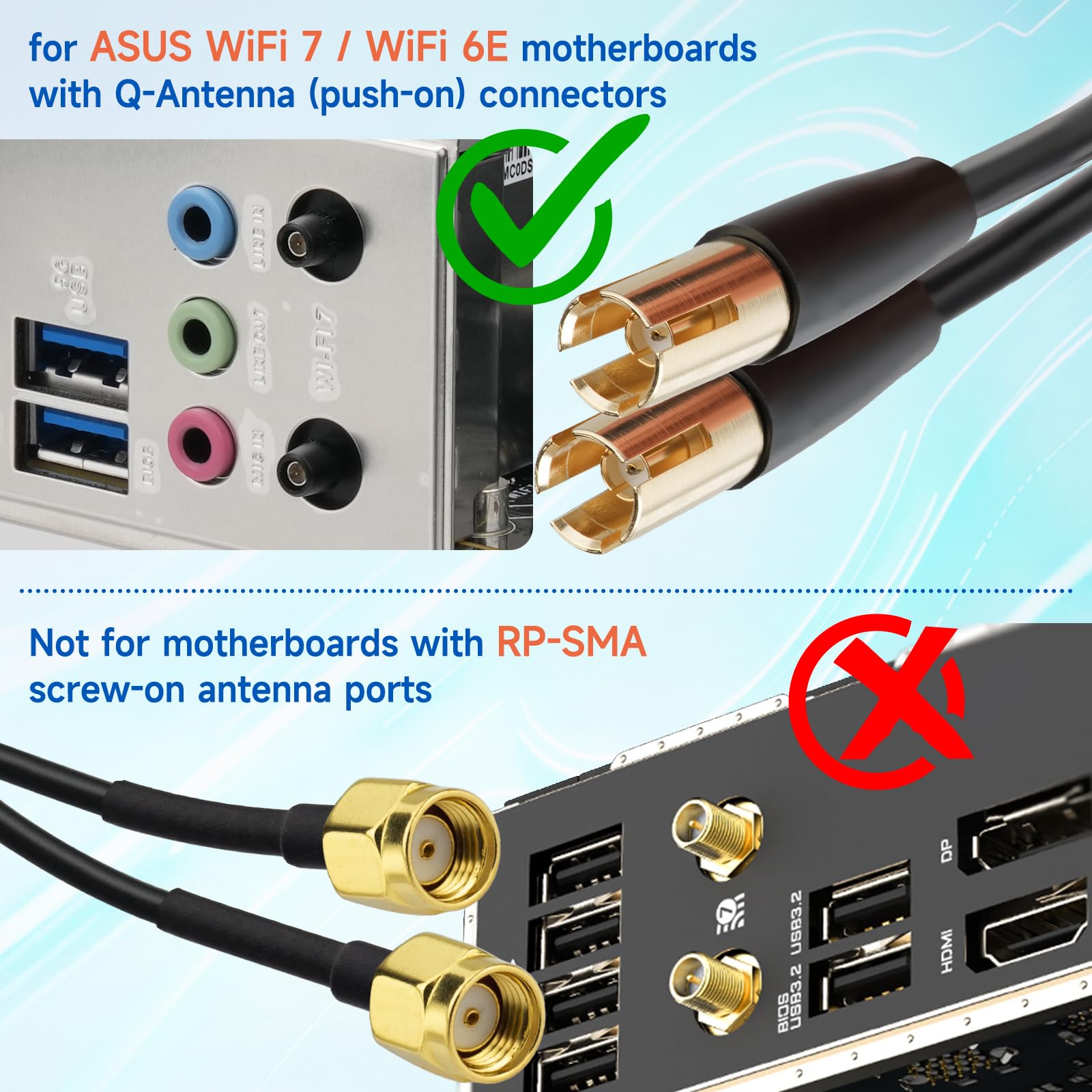 Eightwood Antenne de carte mère WiFi 7 Gaming PC avec base magnétique triple bande avec connecteur poussoir pour cartes mères ASUS ROG Strix, TUF Gaming, ROG Crosshair, ProArt, Prime Series WiFi 7