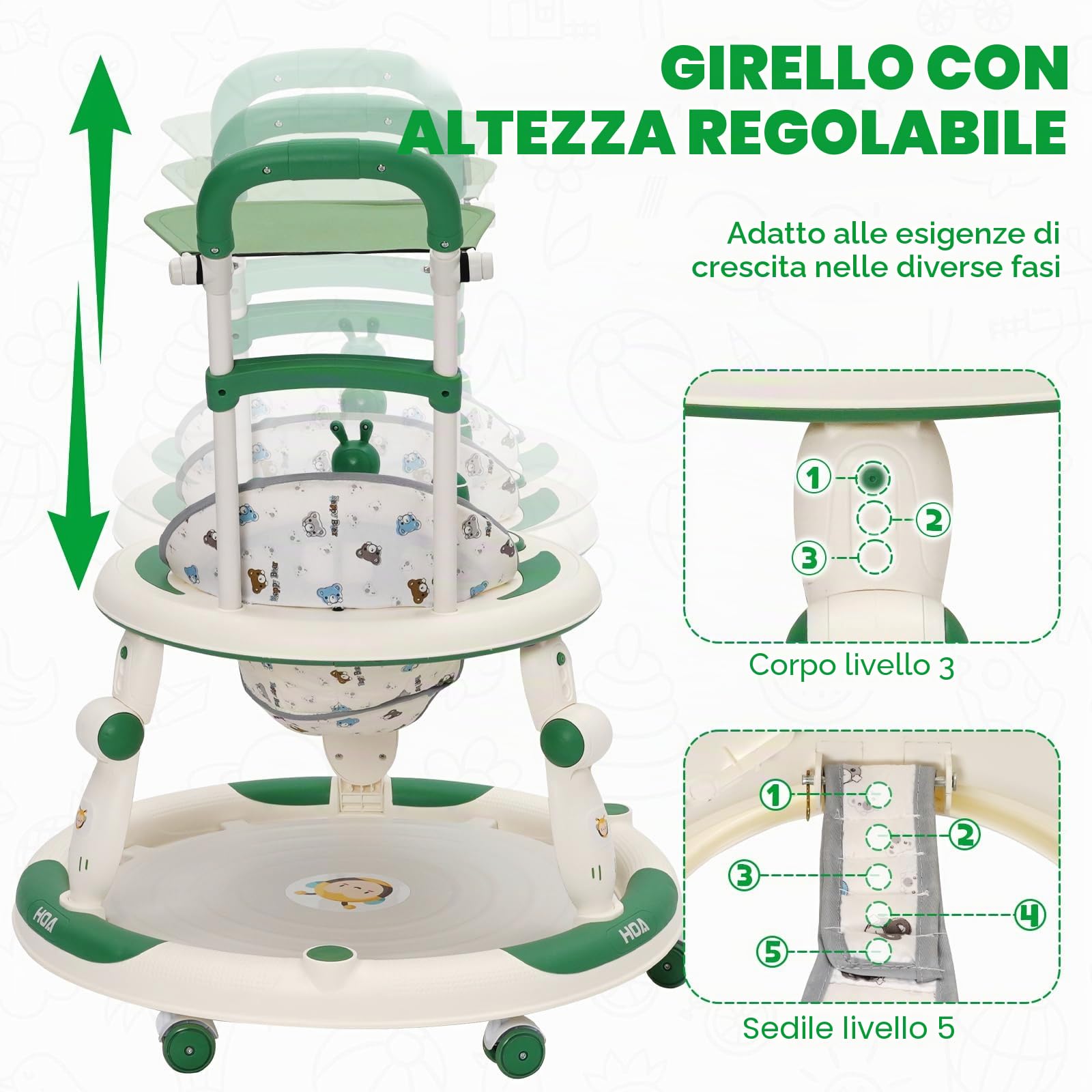 Girello per bambini,Girello Pieghevole 4 in 1 con Vassoio Portagiochi,Altezza Regolabile a 3 Marce e Ruote per Bambini e Bambine Primi Passi per Bambini 6-24 Mesi