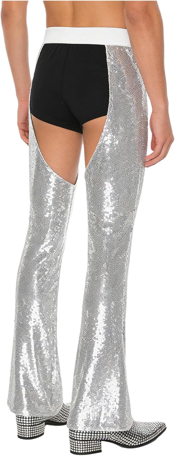 Jugaoge Men's Glittery Sequin Vintage Cowboy Chaps Assless Yoke Split Motorcycle Disco Dance Pants