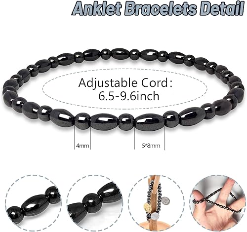 Miniatura 2 de Hion Paquete de 4 tobilleras de obsidiana negra antihinchazón de terapia magnética para mujeres y hombres, pulseras de tobillo de obsidiana negra,