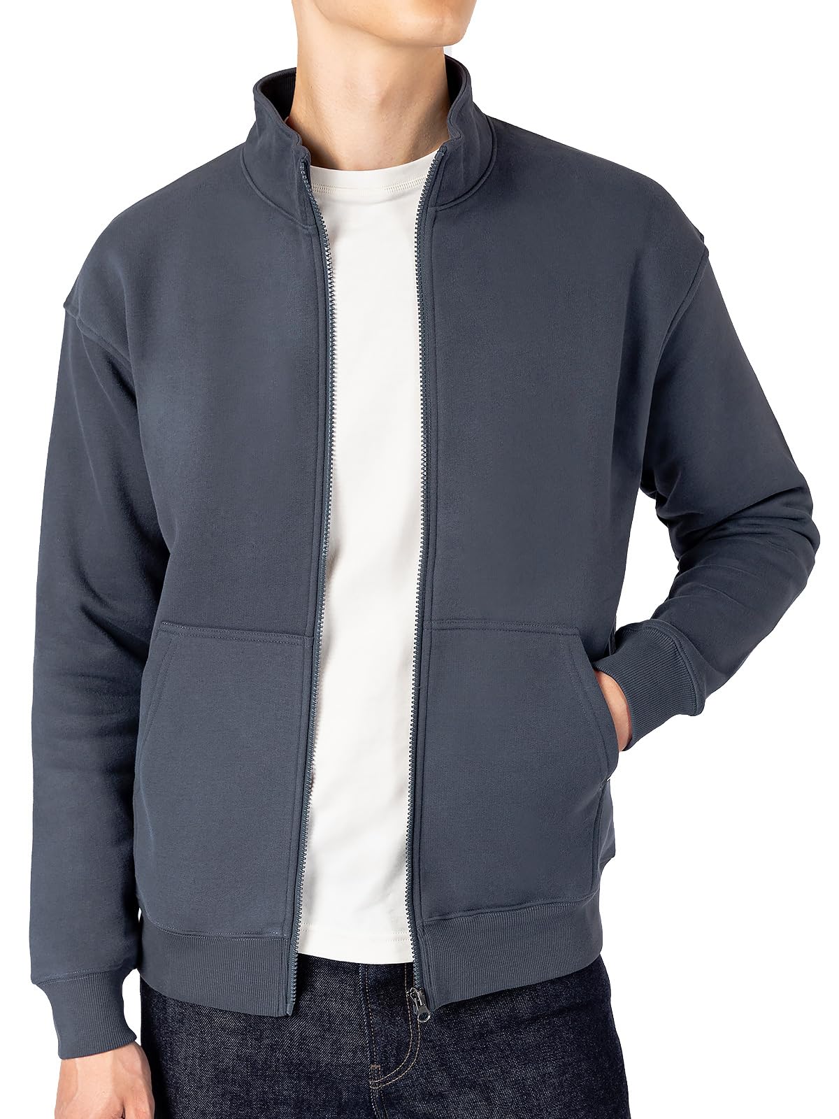 Mega Tshop Men’s Full‑Zip Stand‑Collar Fleece Jacket with Pockets | 310 GSM Cotton Blend, Sueded Face, Warm Fleece, Mock Neck, Zipper, Classic, Unisex, XS-4XL, Casual Outerwear for Men Women
